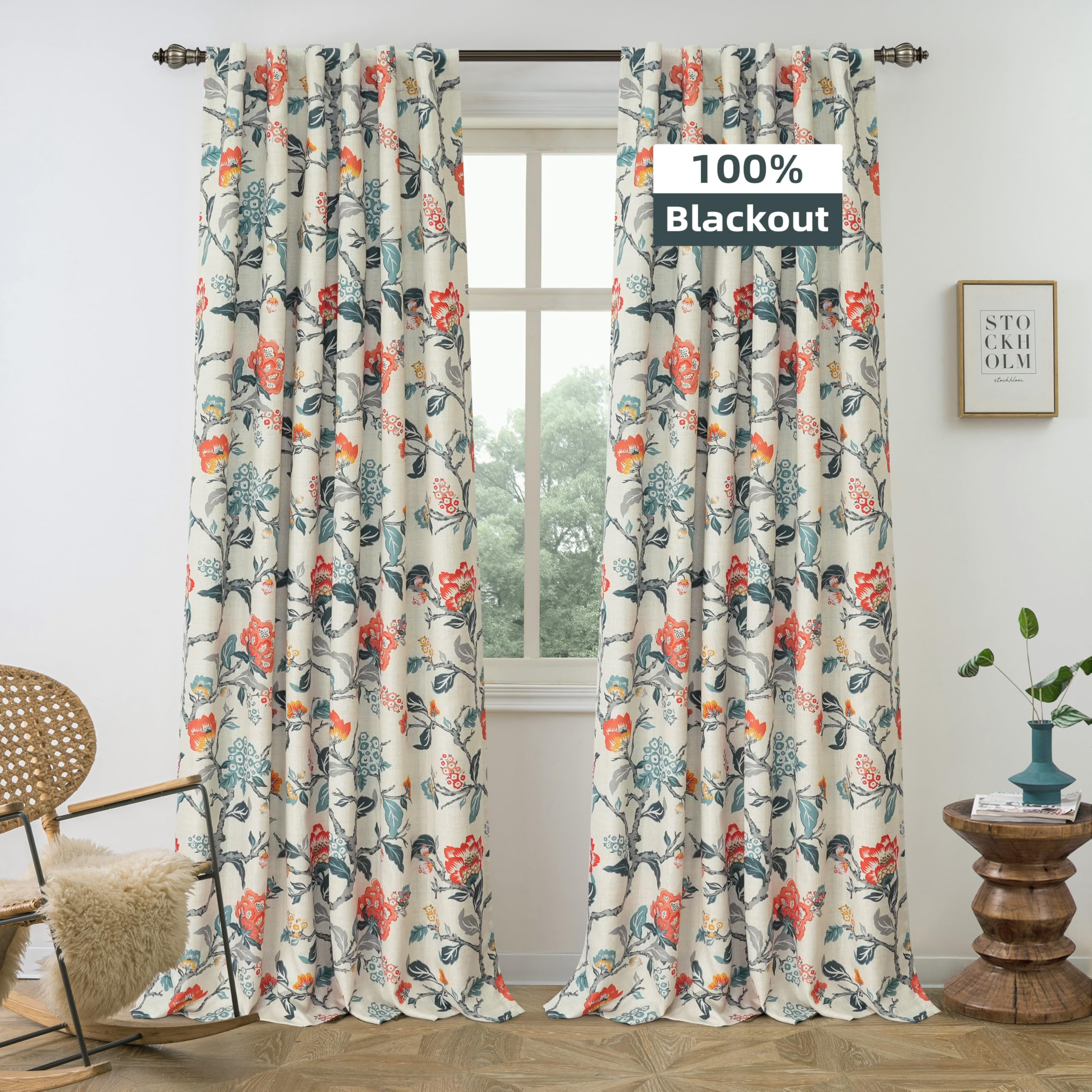 DriftAway Ada Floral Botanical Print Flower Leaf Lined Thermal Insulated Room Darkening Blackout Window Curtains 2 Layers Set of 2 Panels Each 52 Inch