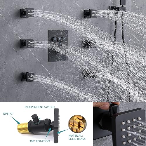Miniatura 3 de Sistema de ducha de baño con chorros de cuerpo de encendidoapagado con botón de ducha con grifo de ducha montado en la pared de 16 pulgadas y