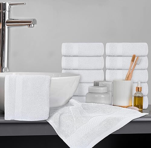 Miniatura 8 de White Classic 2 tapetes de baño blancos de lujo de 22 x 34 y 12 toallas blancas de lujo de 13 x 13 pulgadas, algodón, altamente absorbentes y de