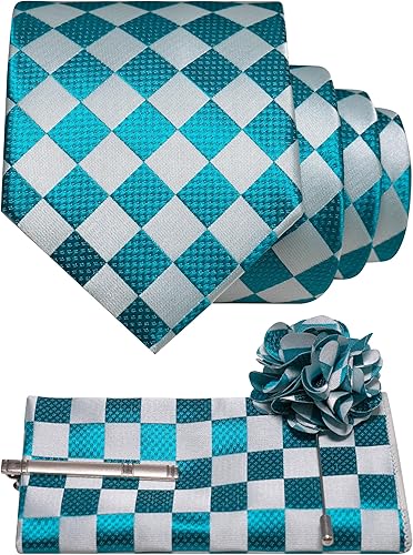 JEMYGINS Mens Teal Plaid Tie and Lapel Pin Necktie Pocket Square with Tie Clip S