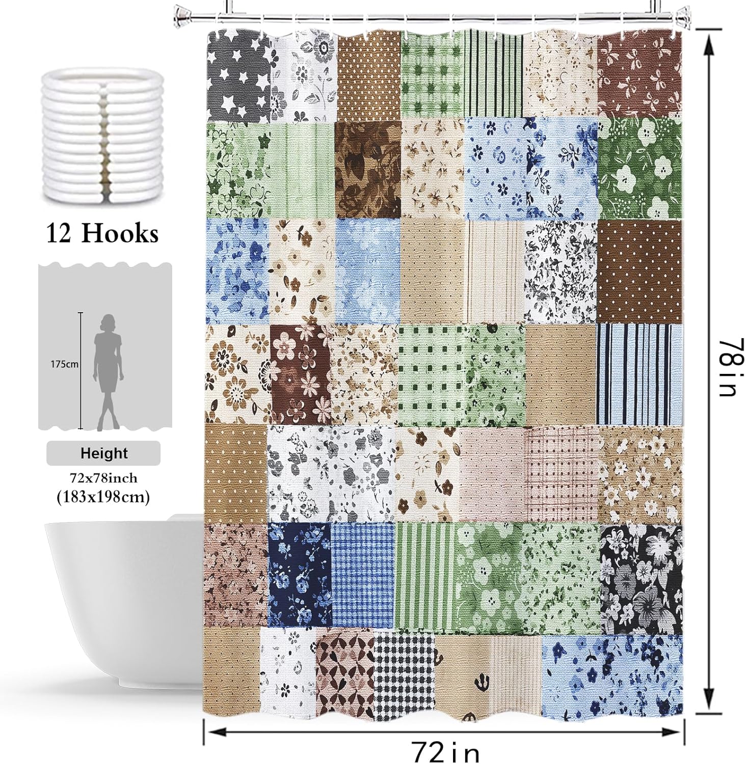 Boho Floral Shower Curtain, Rural Wildflower Splicing Shower Curtains, Home Decoration Art Shower Curtain, with Hooks, Waterproof Washable Upgraded Polyester Fiber Belt, 72x78 in, 12 Hooks