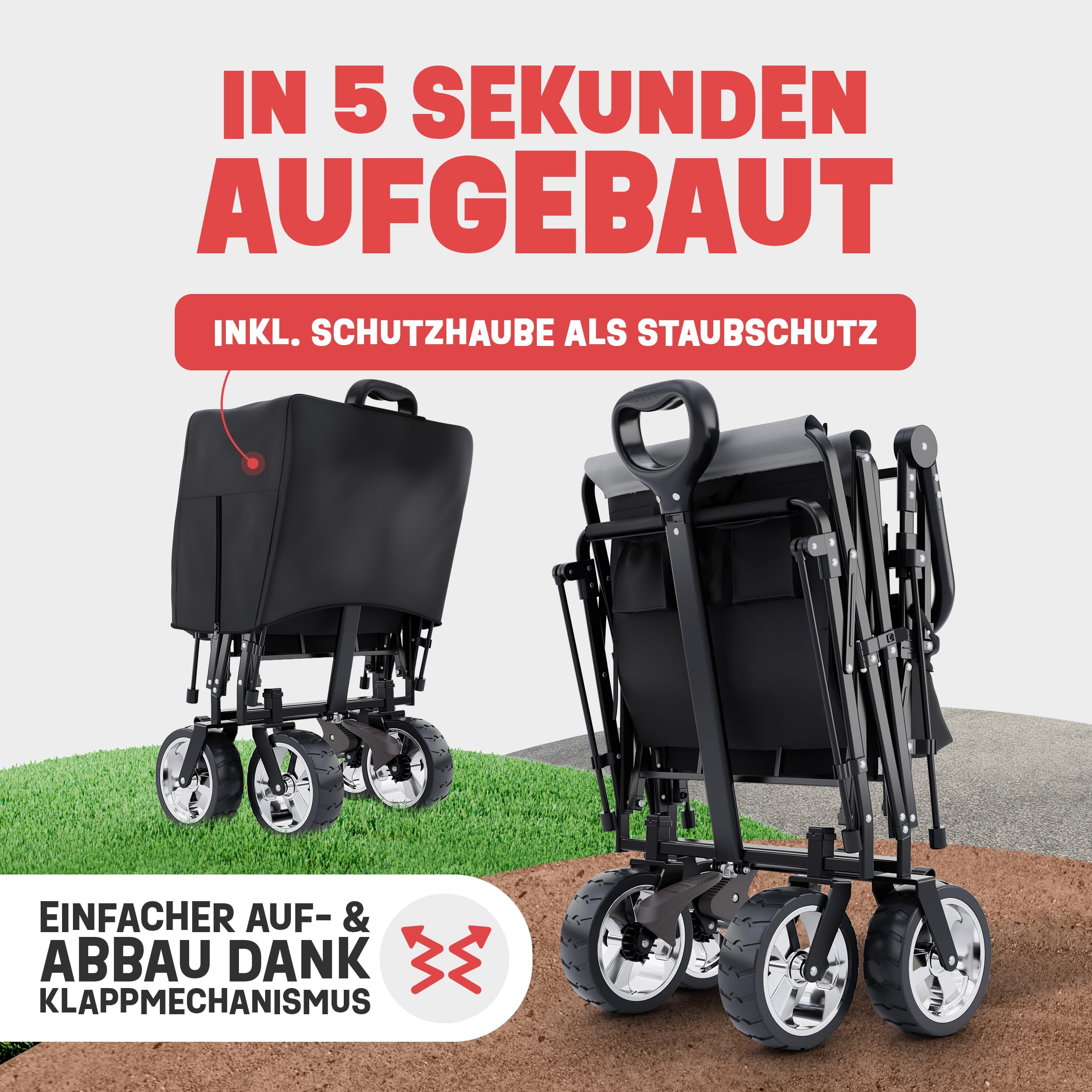 ONBEST Bollerwagen faltbar – Faltbollerwagen mit Dach, Schwarz | Klappbarer Strandbollerwagen mit Regenschutz, Sonnenschutz-Dach, Kühltasche & Becherhalter für Outdoor und Camping