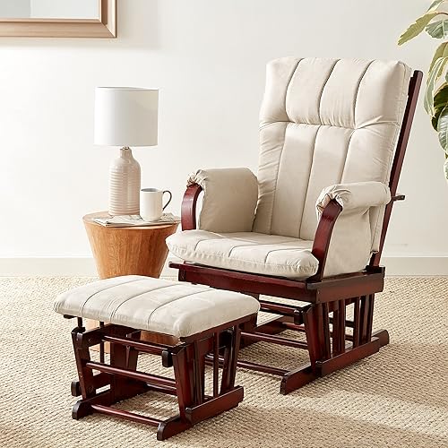 Miniatura 7 de Artiva USA Juego de sillas planeadoras de madera y cojín otomano de microfibra Madera blanca con cojín marrón,Madera de cerezo con cojín