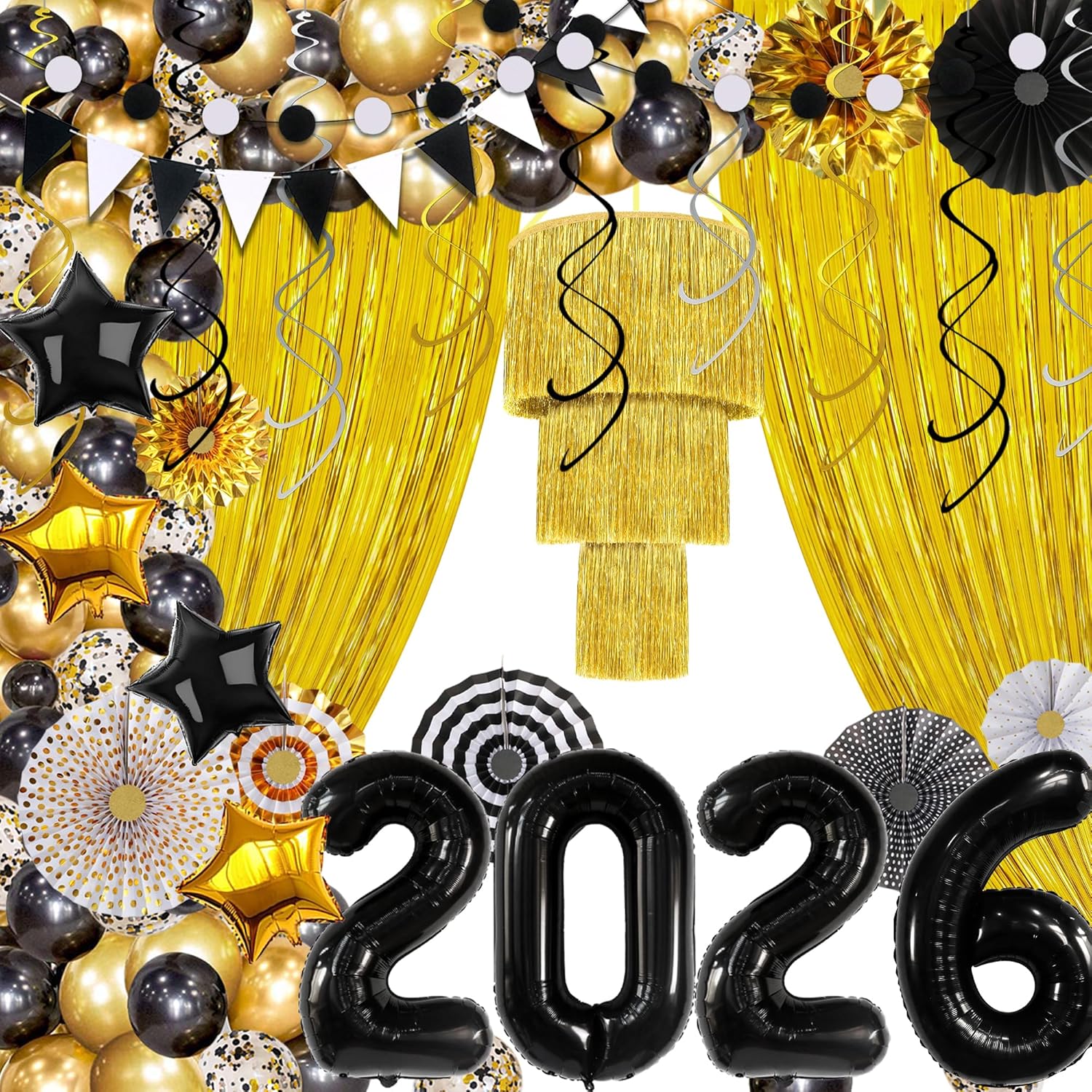 KatchOn, New Years Eve Party Supplies 2026 Set – Pack of 116 | Black and Gold Balloon Arch Kit with 2026 Balloons and Gold Tinsel Chandelier Party Decor | New Years Decorations 2026 | NYE Decorations