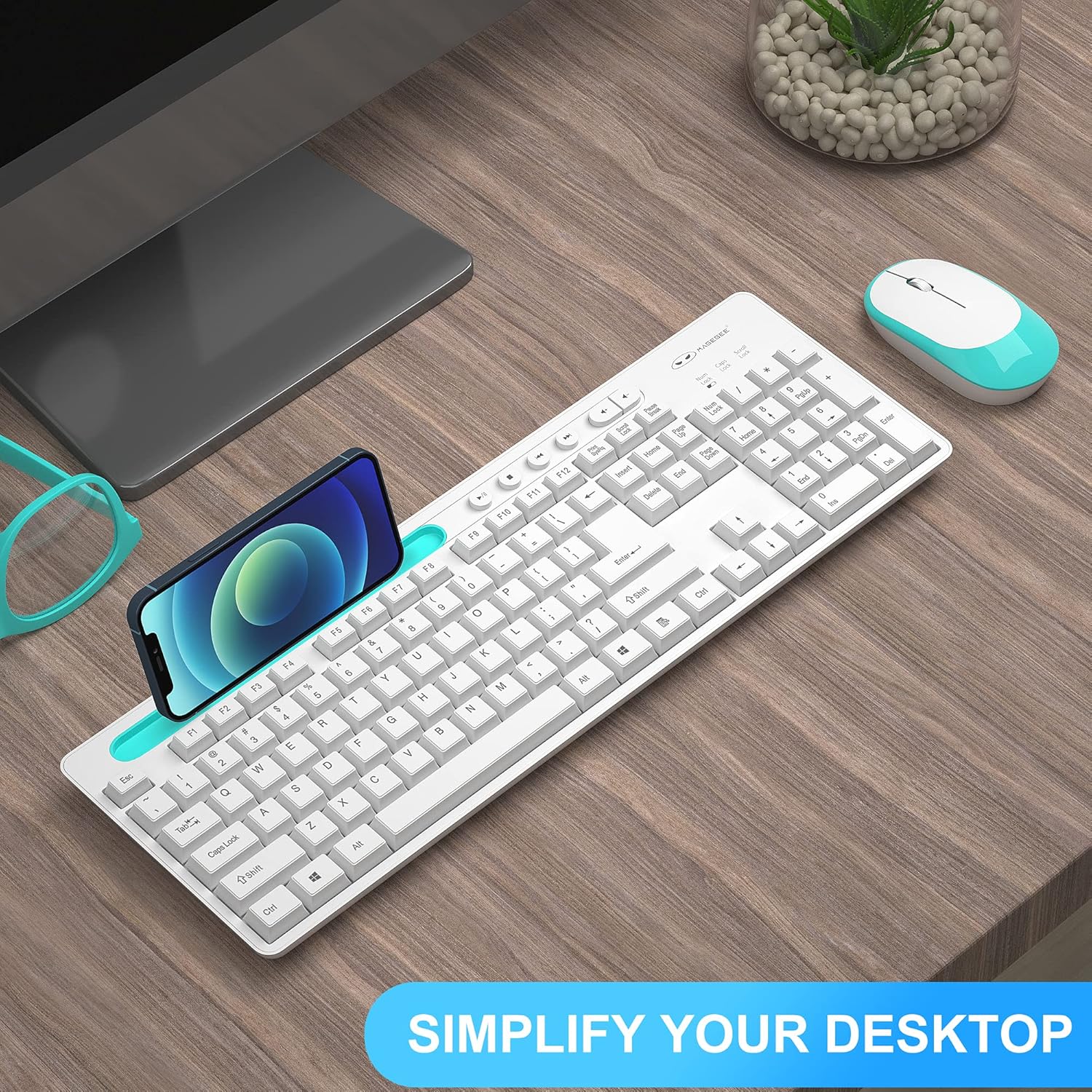 MageGee V620 Wireless Mouse highlighting silent click, ergonomic design, 1200 DPI, and battery compartment