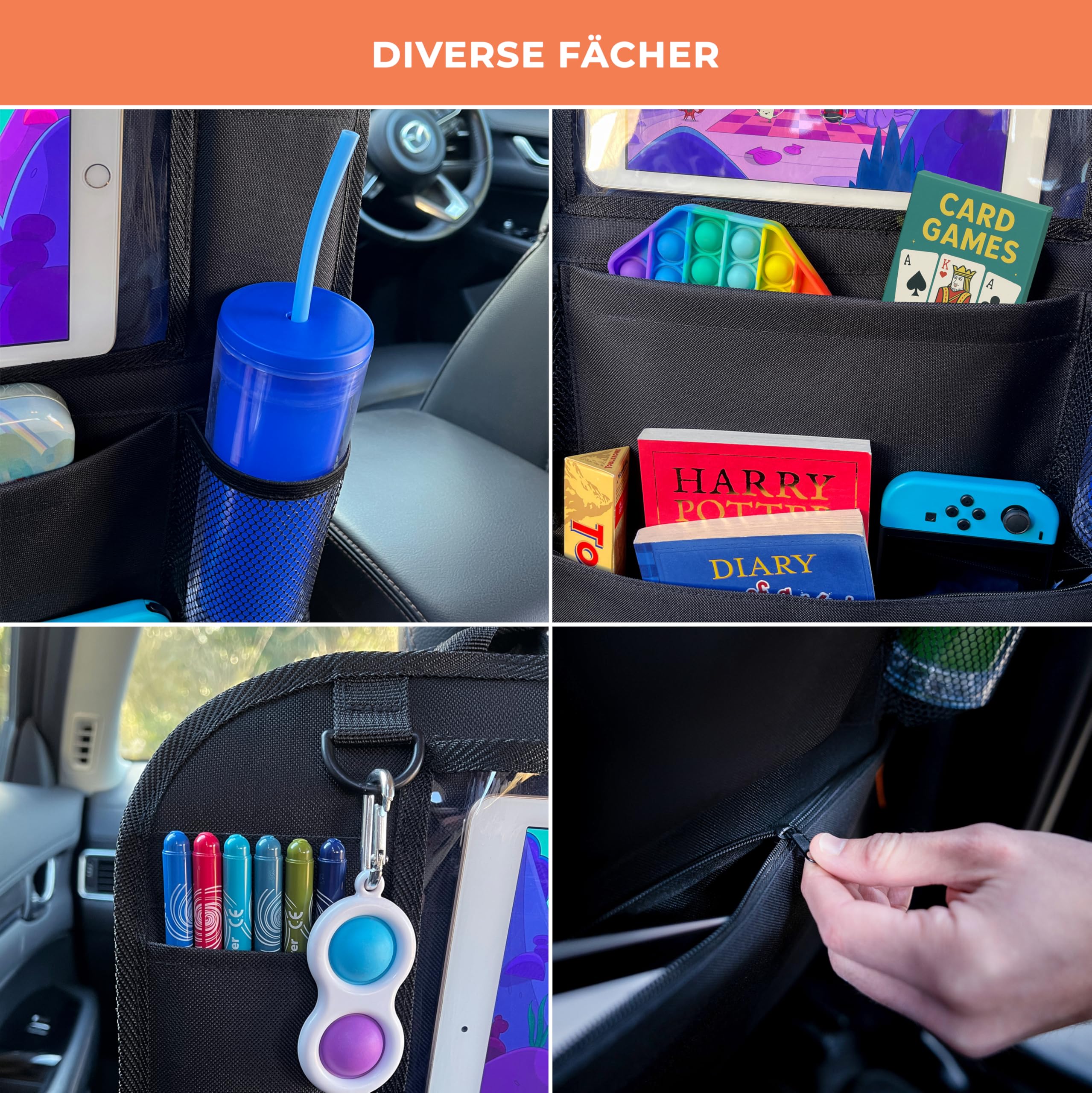 Huckaboo Autositz Organizer – Rücksitz-Organizer für Kinder & Auto-Rückenlehnenschutz mit Tablet-Fach & vielen Taschen, Schwarz, 2 Stück - 4