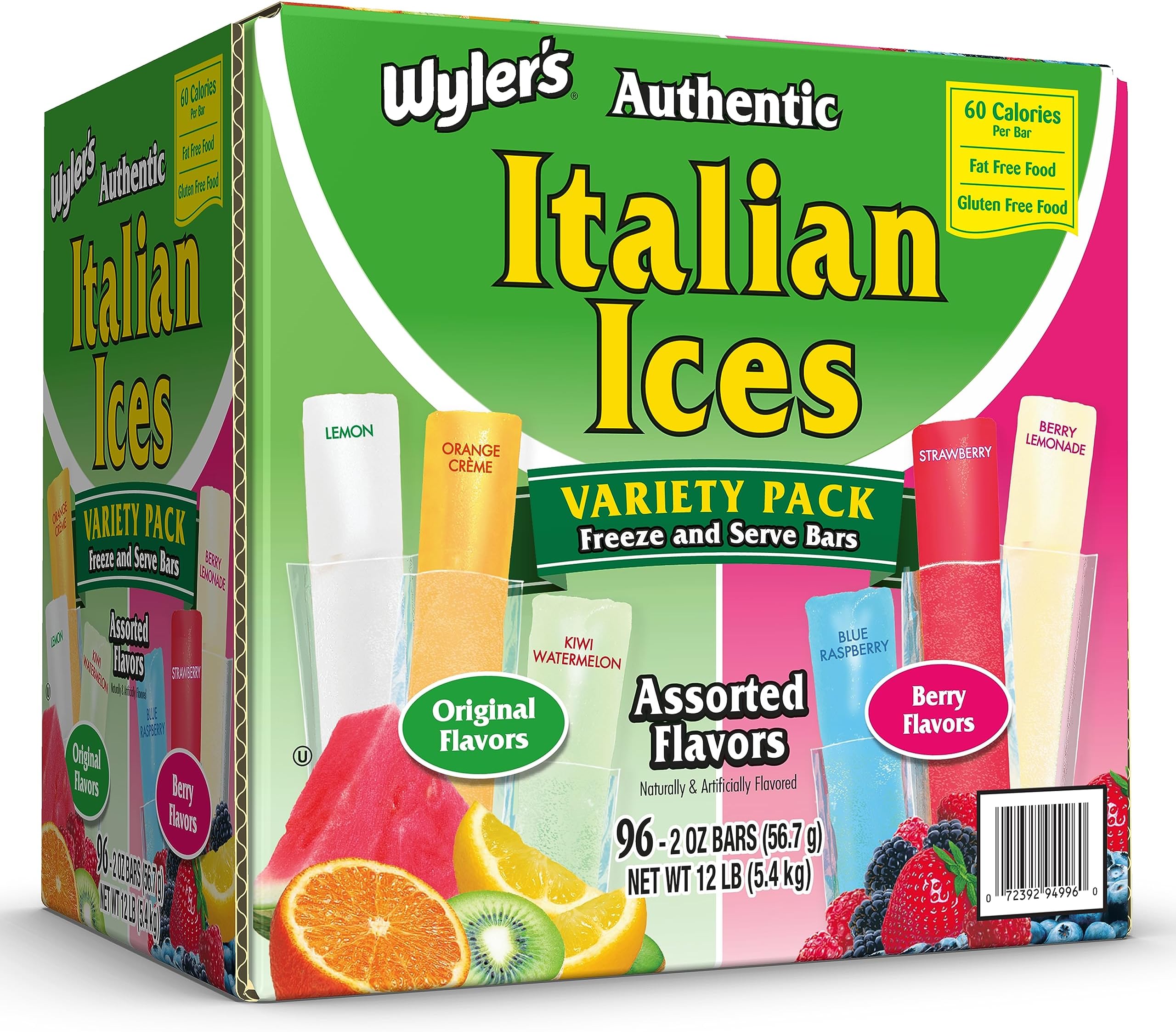 Wyler's Authentic Italian Ice, Fat Free Freezer Bars, Assorted Flavors (96ct - 2oz bars)