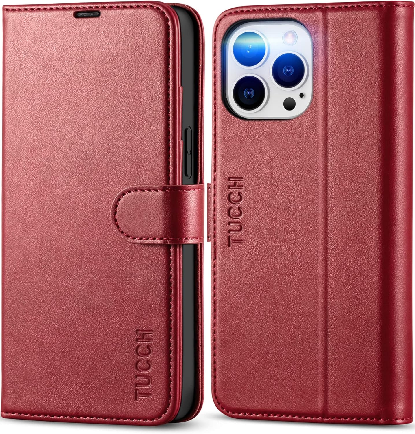 TUCCH Case Wallet for iPhone 14 Pro Max, [RFID Blocking] PU Leather Stand Folio Cover with 4 Card Slots [TPU Interior Shell], Magnetic Flip Case Compatible with iPhone 14 Pro Max 6.7-inch, Dark Red