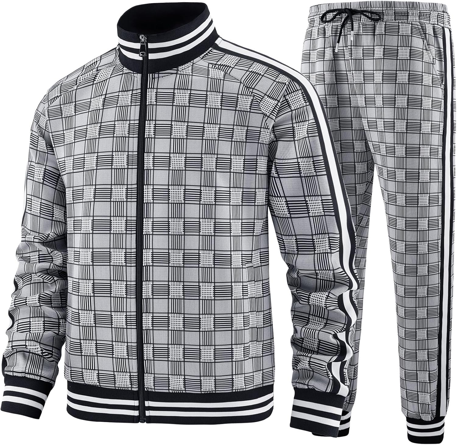 Men Tracksuits Full-zip Long Sleeve Plaid Track Jackets and Pants 2 Piece - Image 2