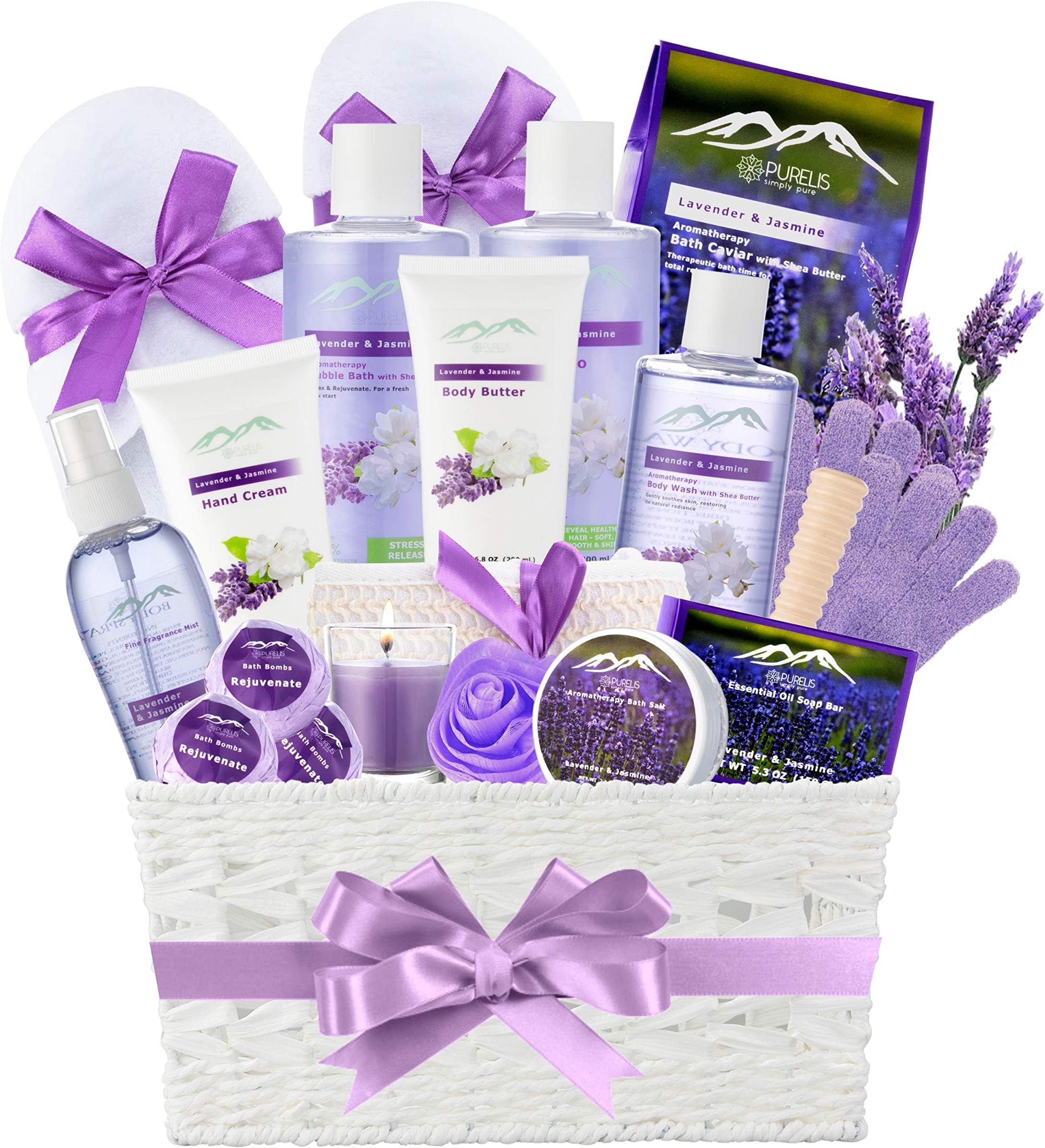 Luxury Bath Spa Set for Women -Purelis XL Jasmine & Lavender Body wash, Bath Gift set Basket with Natural Spa Essentials - Sulfate & Paraben-Free -Perfect Skincare Kit Ideal Spa Baskets for Women Gift