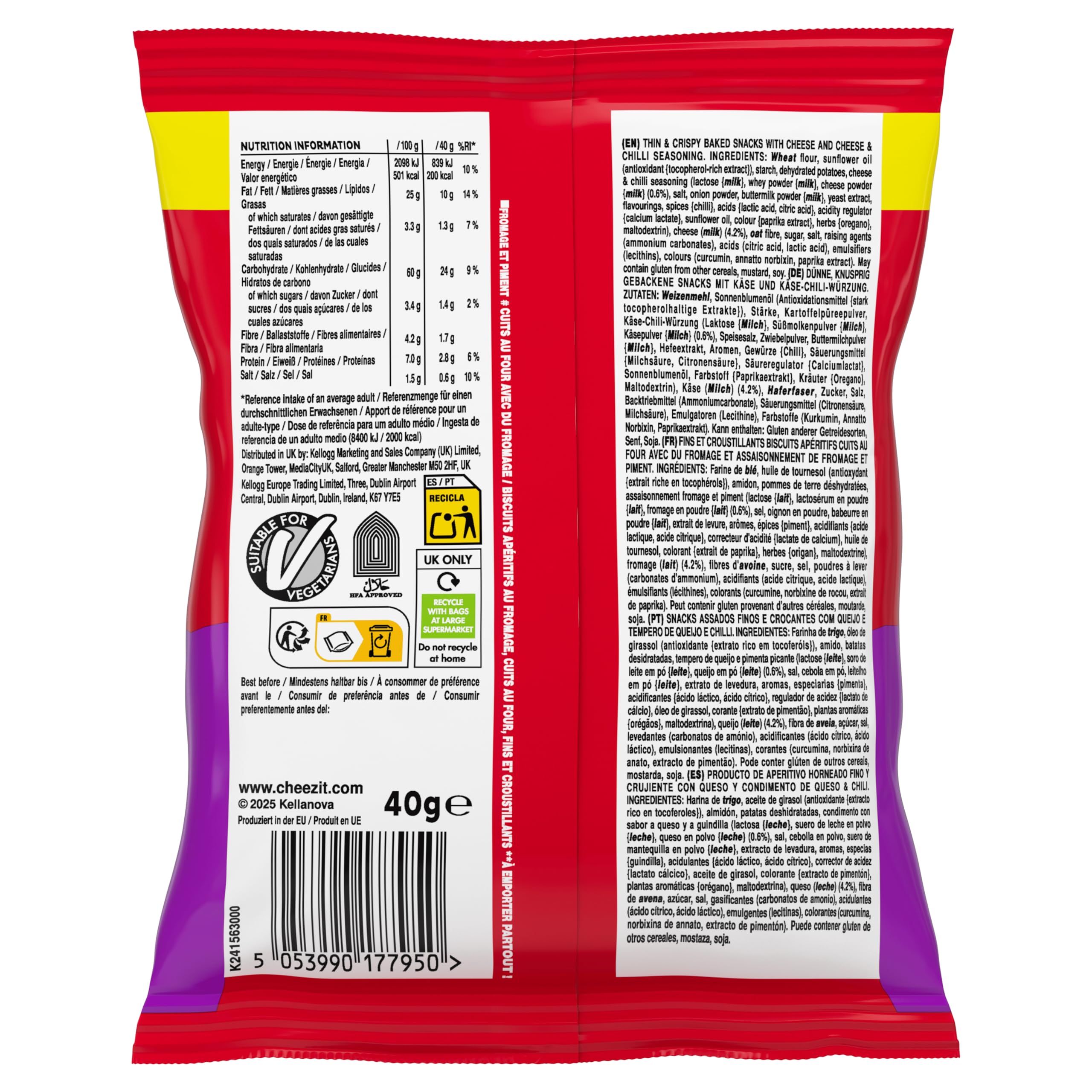 Cheez-It Snap'd Cheese & Chilli Chips (20 x 40 g), pikante Käse Chips mit dünner, knuspriger Textur, gebackener Snack mit 100% echtem Käse, ohne künstliche Farb- oder Aromastoffe
