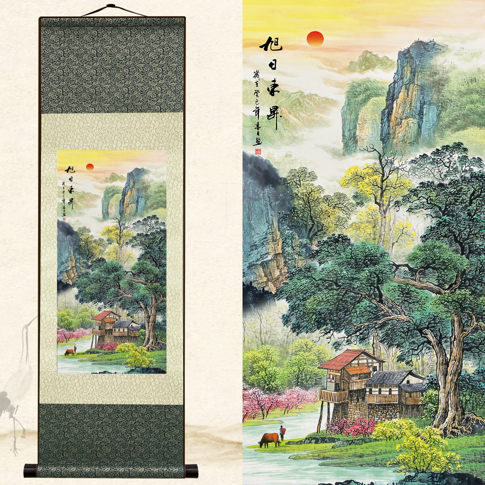 Newscz Asian Wall Art for Bedroom & Kitchen - Silk Scroll Landscape Paintings - 36 x 12 in