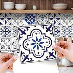 Losetas Vinilo Pared Baño Walplus Vinilo Adhesivo Estampado Losetas Adhesivas Pared Cocina Decoracion Protector No Tóxicos Fácilmente Extraíble Spanish & Moroccan Blue 24Pcs 15Cm(6") Blanco