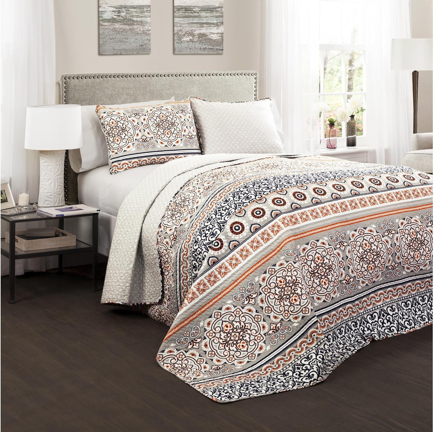 Lush Décor Nesco Quilt Set Striped Pattern Reversible 3 Piece Bedding Set - Navy/Coral - Full/Queen Quilt Set Navy & Coral Full/Queen Quilt