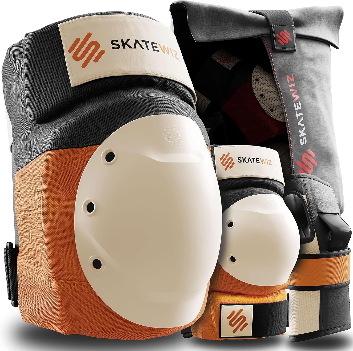 SKATEWIZ Adult Skating Protective Gear: Knee Pads, Elbow Pads, Wrist Guards 6pc Set - Roller Skates, Inline, Skateboard - German Designed