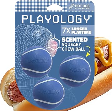 Playology Squeaky Chew Ball Dog Toy - Small, Hot Dog Scent, 3-Pack | Rubber Construction, All Natural Scent, Limited Edition