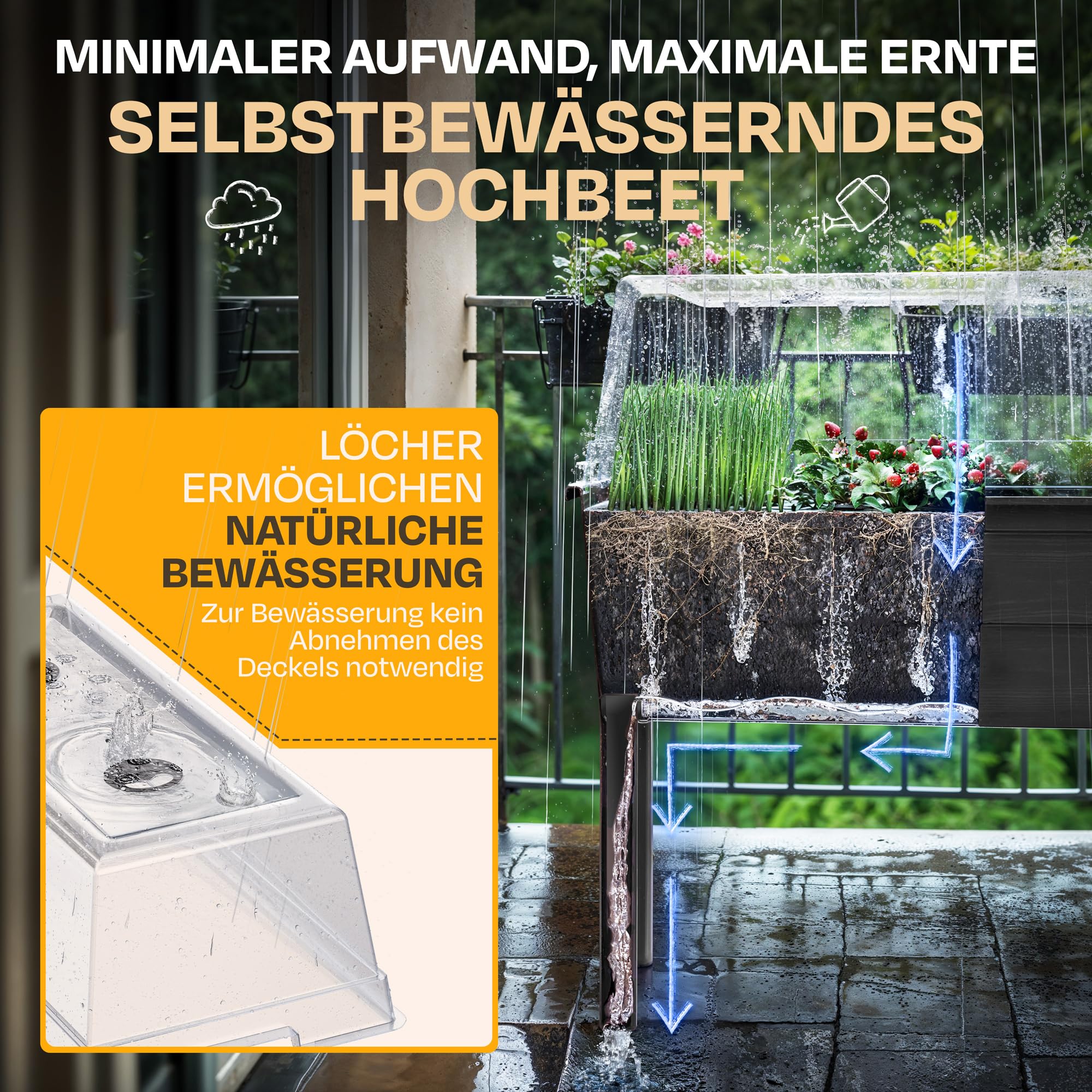 Ondis24 Garten Hochbeet Blumenkübel Victoria für Balkon, Pflanzkasten mit Gewächshaus, Volumen 50 L, Wasserspeicher, Tröpfchenbewässerung, abnehmbare Füße, Outdoor geeignet (2, Anthrazit)