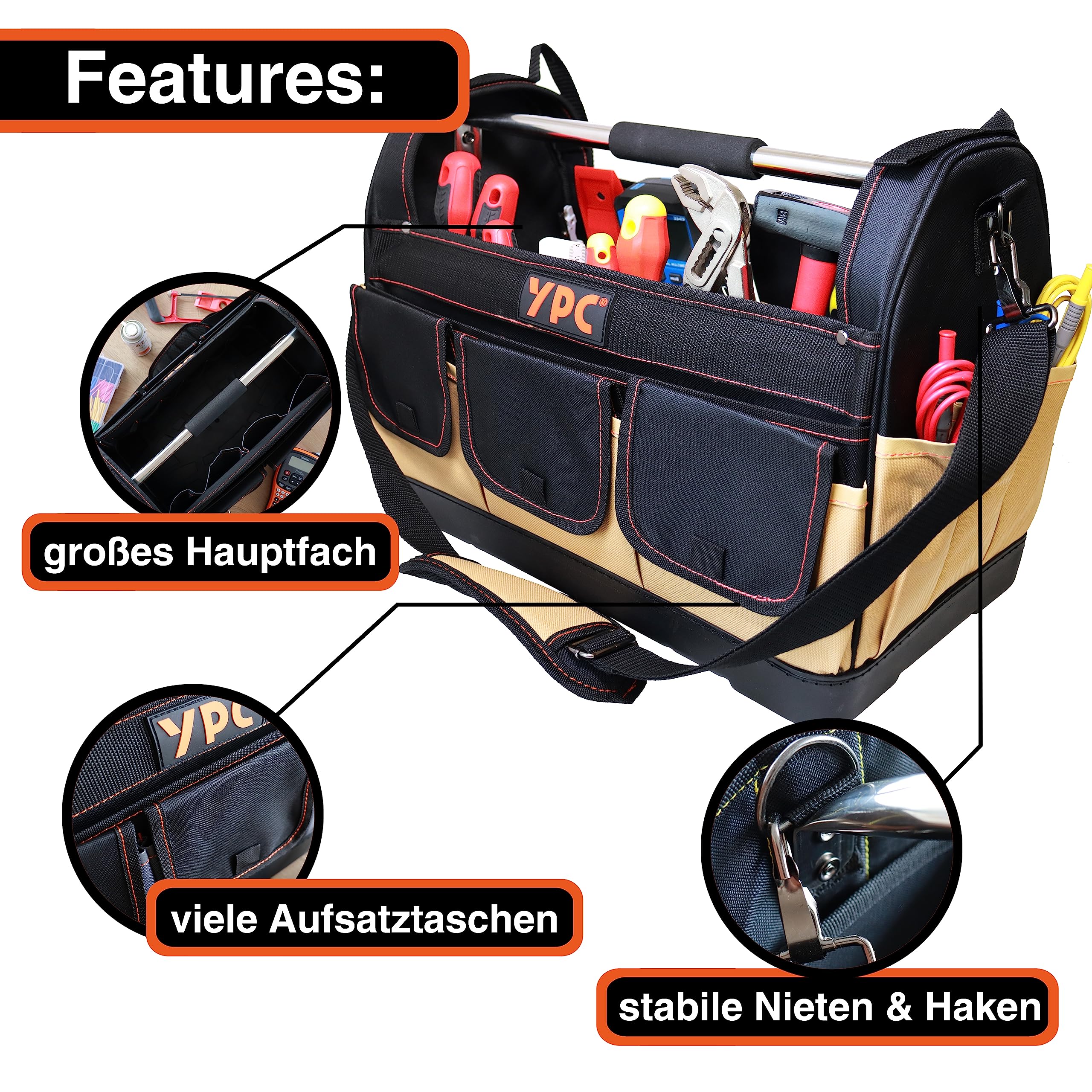 YPC Pioneer – Panier à outils XXL, sable-noir, 45x35x23cm, capacité de charge 20 kg