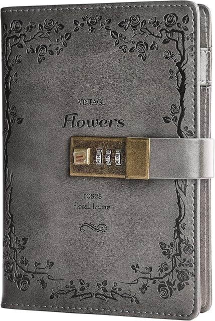 Flower Leather Journal with Lock Writing Diary Notebook Combination Password Ruled Refillable Paper 205 X 140 Mm (Grey)