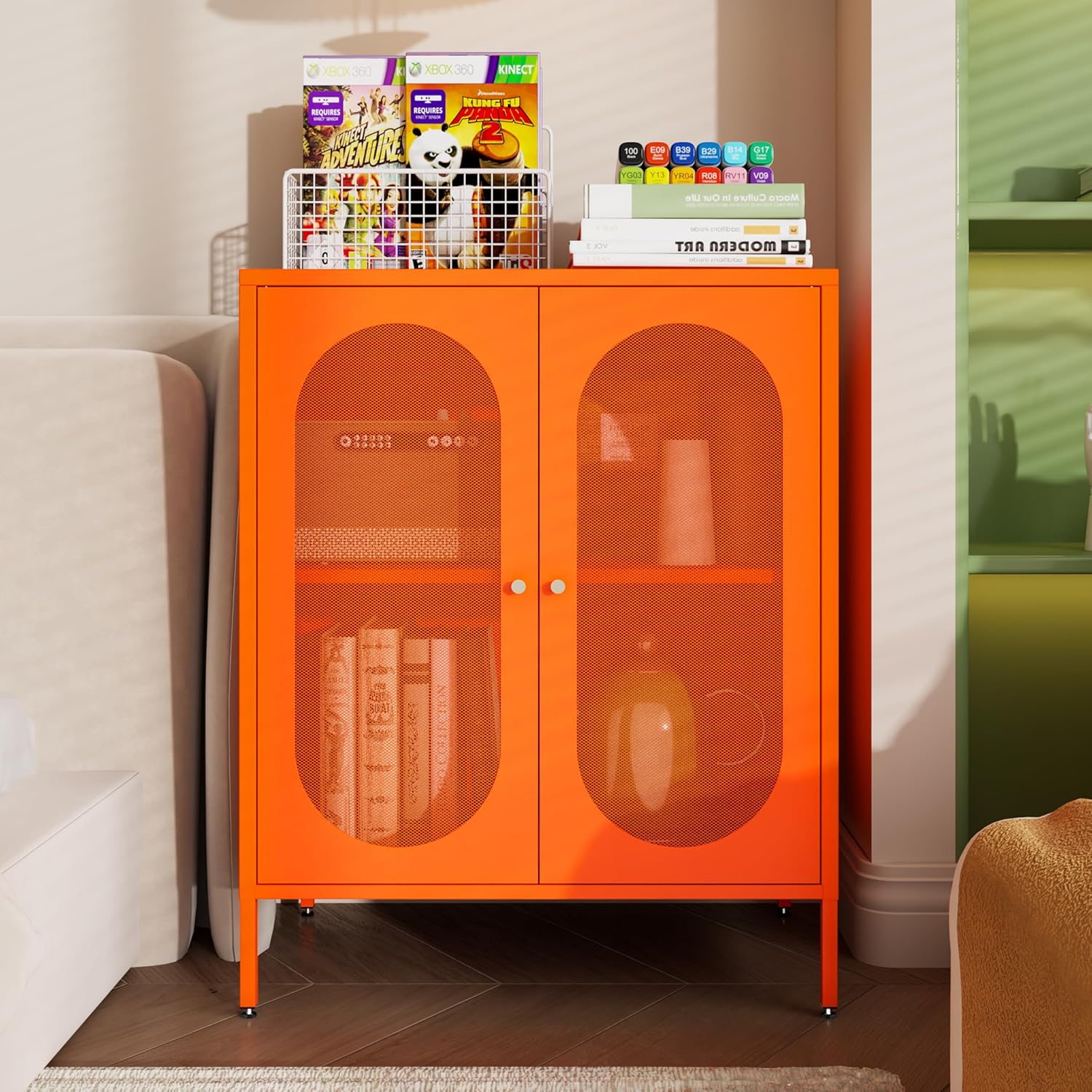 Small 2 Mesh Door Metal Storage Cabinet for Pantry,Office Room,Kitchen,Bathroom,Living Room, Hallway- Locker Cabinet with 1 Adjustable Shelf (mesh Door, Orange)