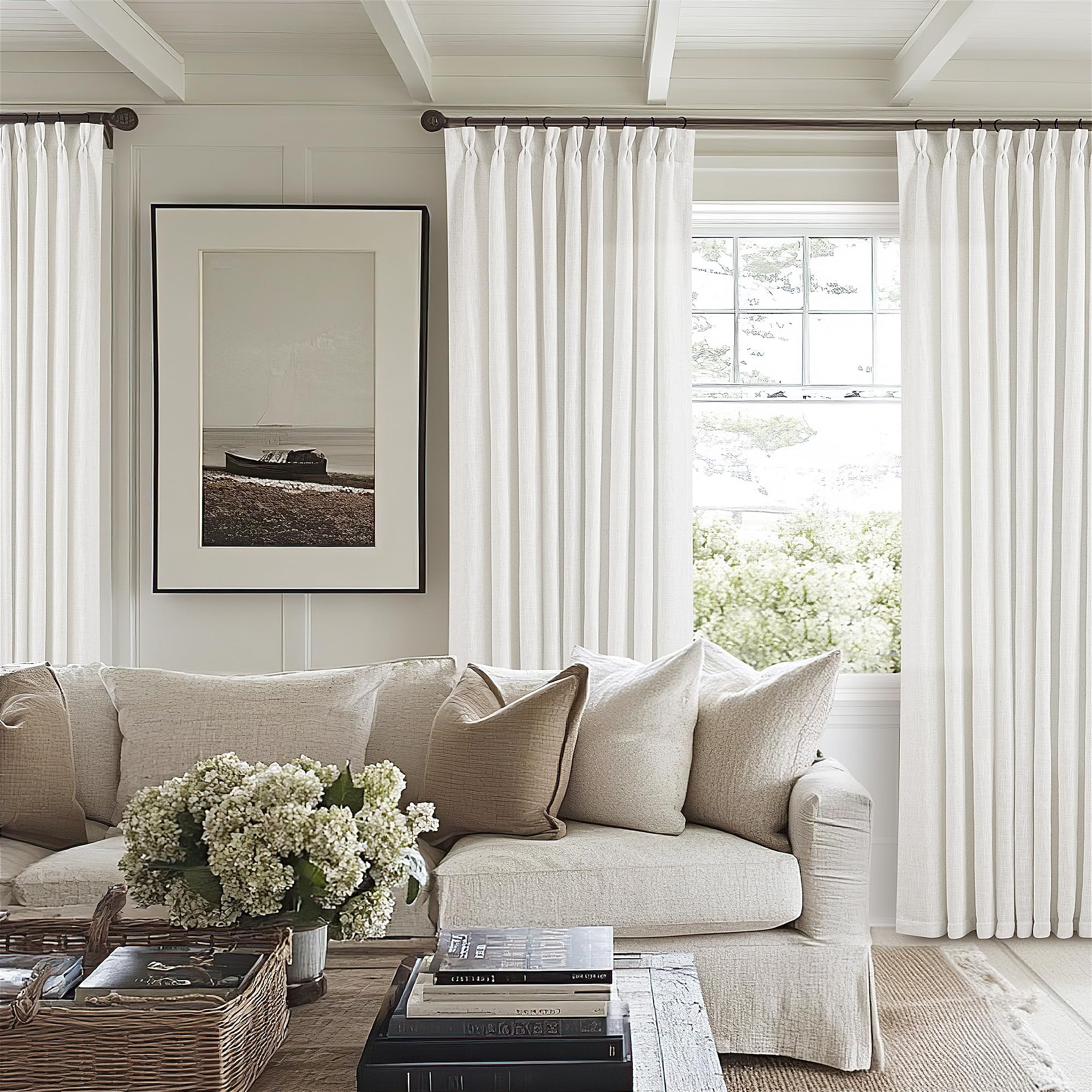 Pinch Pleated Linen 120 Inch Curtains 60 Inch Width for Living Room Light Filtering Ivory Beige White Extra Wide Patio Curtains for Sliding Door Balcony Floor Ceiling Picture Window 60x120 1 Panel