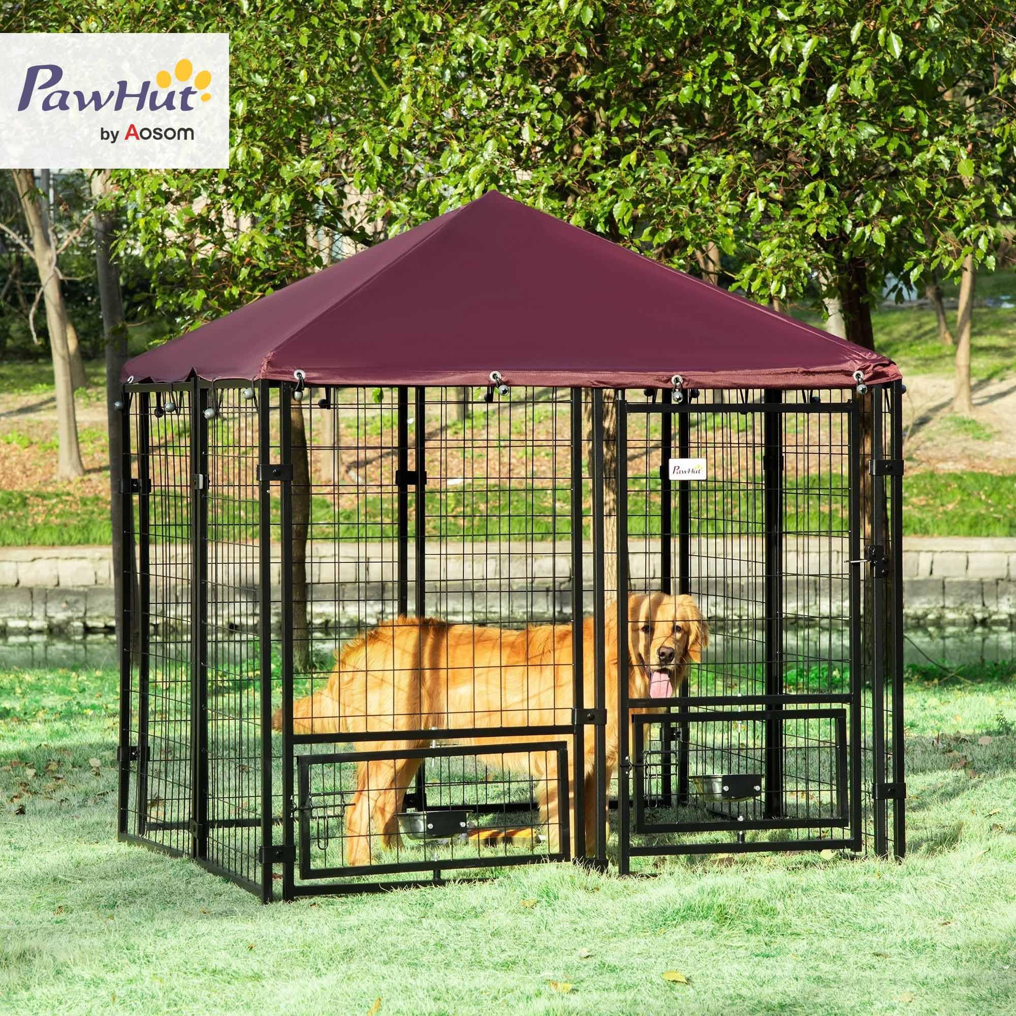 PawHut Recinto per Cani da Esterno con Serratura Kennel Nero e Rosso | Box per Animali in Acciaio, 2 Ciotole Girevoli, Copertura in Tessuto Oxford