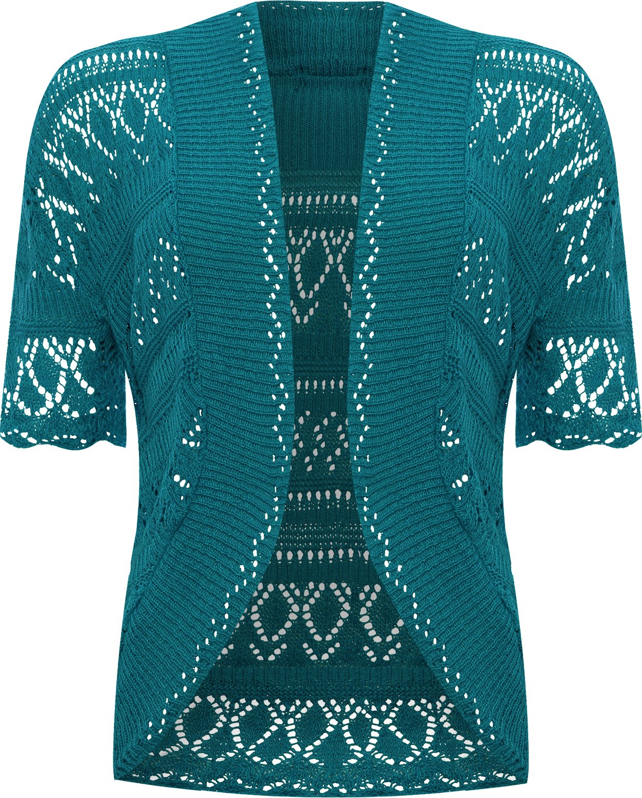 Wearall Women's Teal Plus Size Crochet Knitted Short Sleeve Shrug Cardigan Top - 24-26
