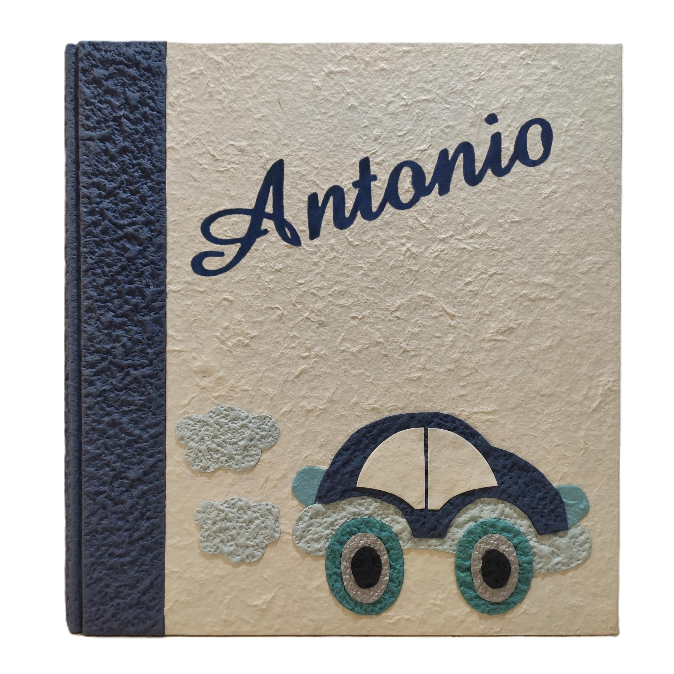 Album fotografico artigianale macchinina automobilina in carta luna con nome intagliato in tela personalizzabile regalo nascita battesimo compleanno vacanze bambino neonato