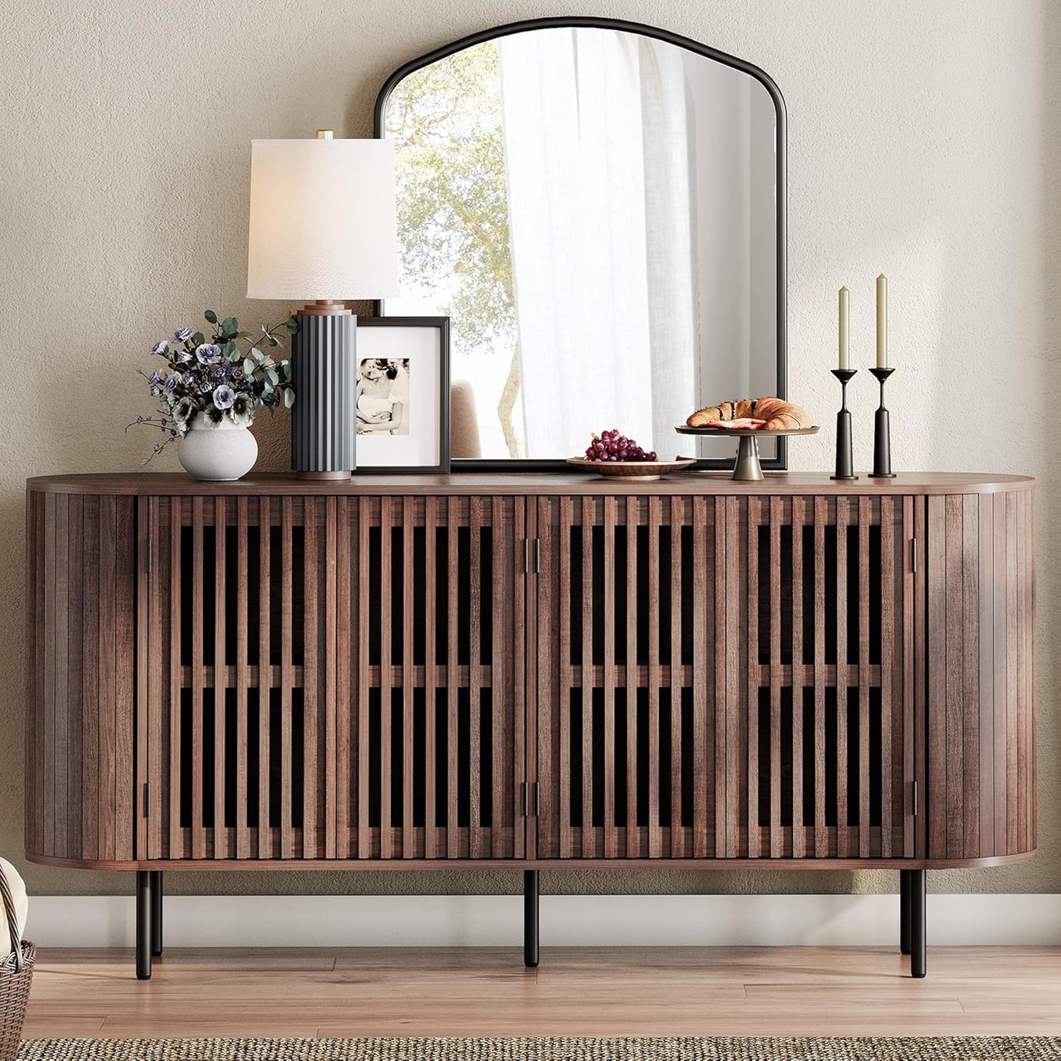 WAMPAT Fluted Sideboard Buffet Cabinet, 65" Mid Century Modern Credenza Storage Cabinet with 4 Pop-Up Doors, Wood Accent Kitchen Buffet Table for Dining Room,Living Room, Entryway, Black