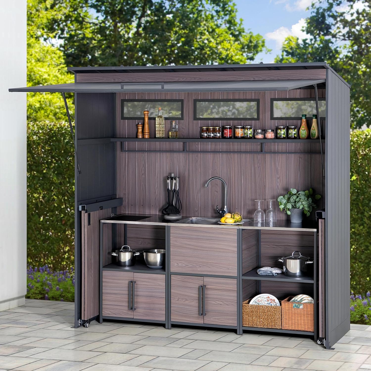Sunjoy Outdoor Kitchen, 4-Pieces Grill Kitchen with Sink, Open Storage Shelf and Island Counter