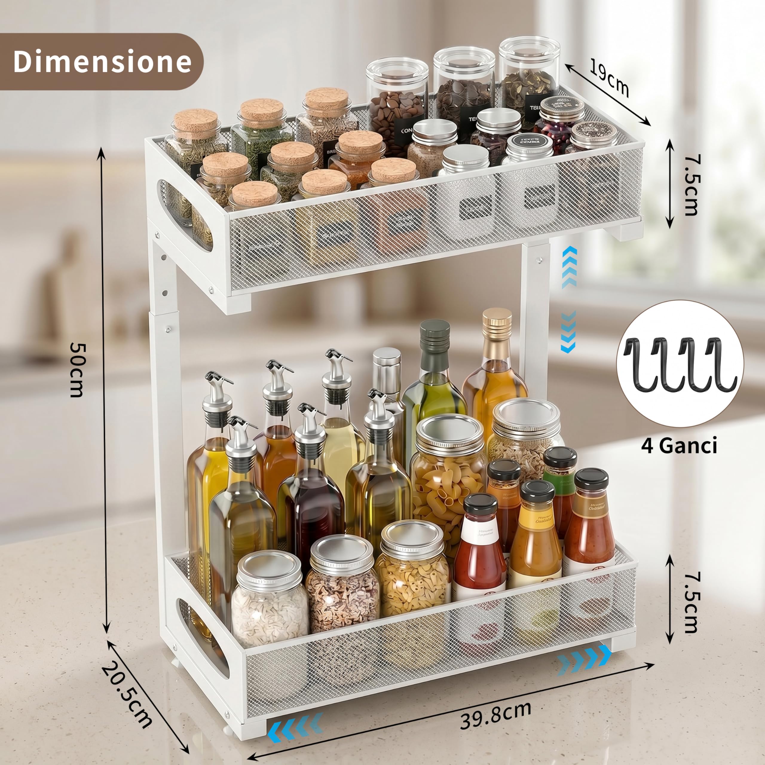 Organizer Sottolavello Cucina，Scaffale Estraibile a 2 Livelli, Scorrevole Organizer Sottolavello Portaoggetti Ripiano Multiuso sotto Lavandino per Cucina Bagno，Regolabile in Altezza (bianco-32)