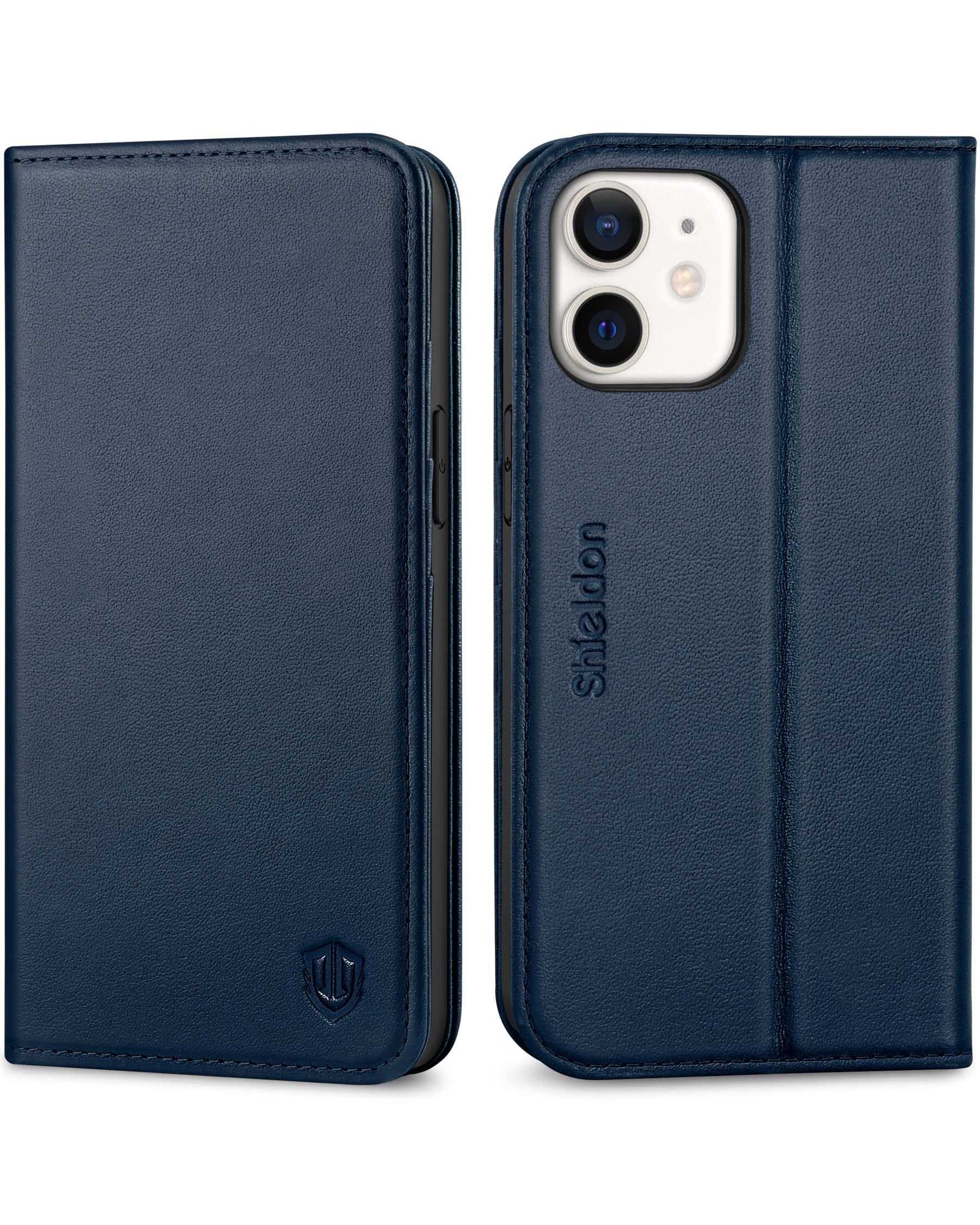SHIELDON Case for iPhone 12 Mini 5G, Genuine Leather Wallet Case Magnetic Cover Kickstand RFID Blocking Card Slots with Shockproof Cover Compatible with iPhone 12 Mini 5G (5.4" 2020) - Navy Blue
