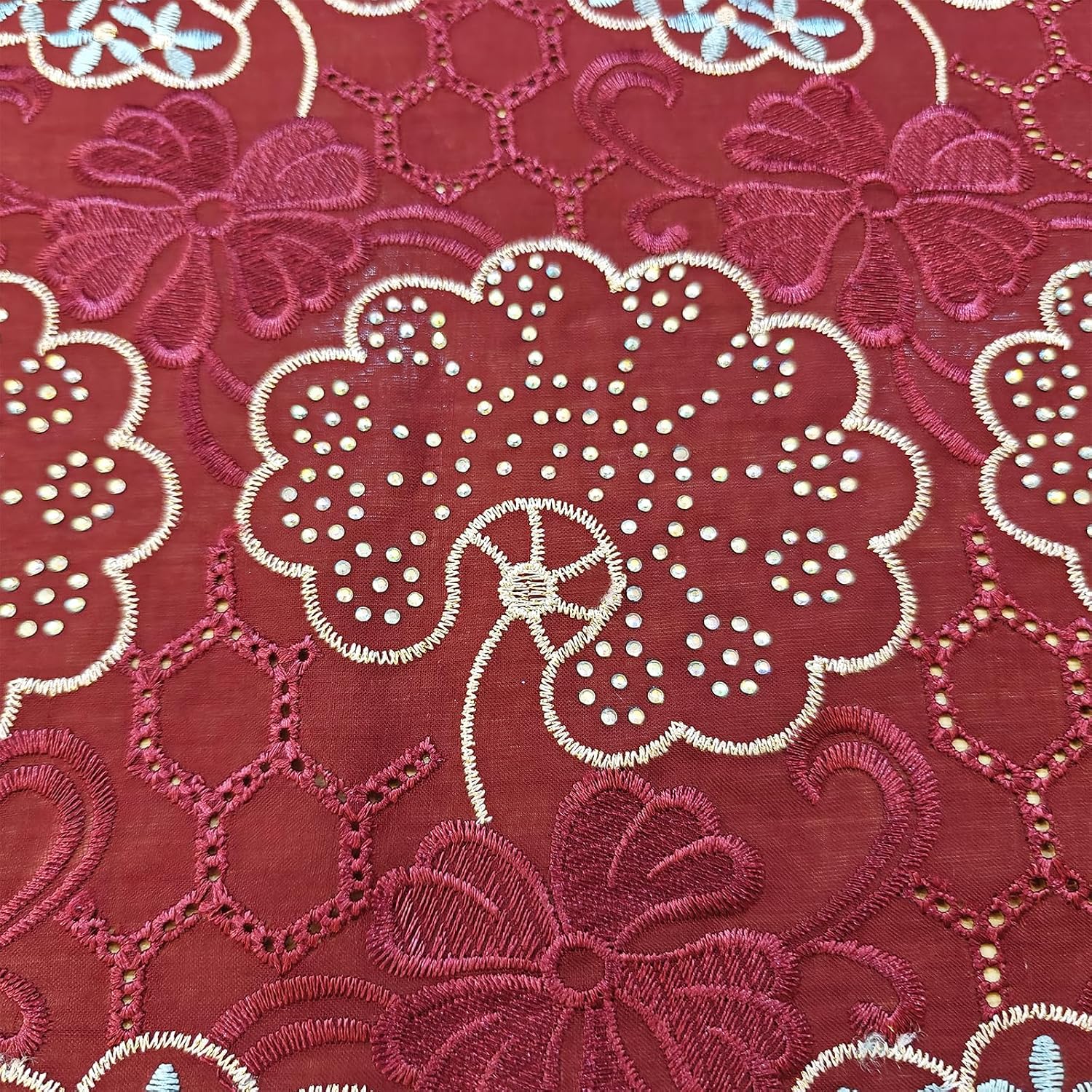 Bestway Lace Swiss Voile Cotton Floral African Lace Fabric 5 Yards Rhinestones Embroidery Nigerian Wedding Party Sewing Material (Wine Red)