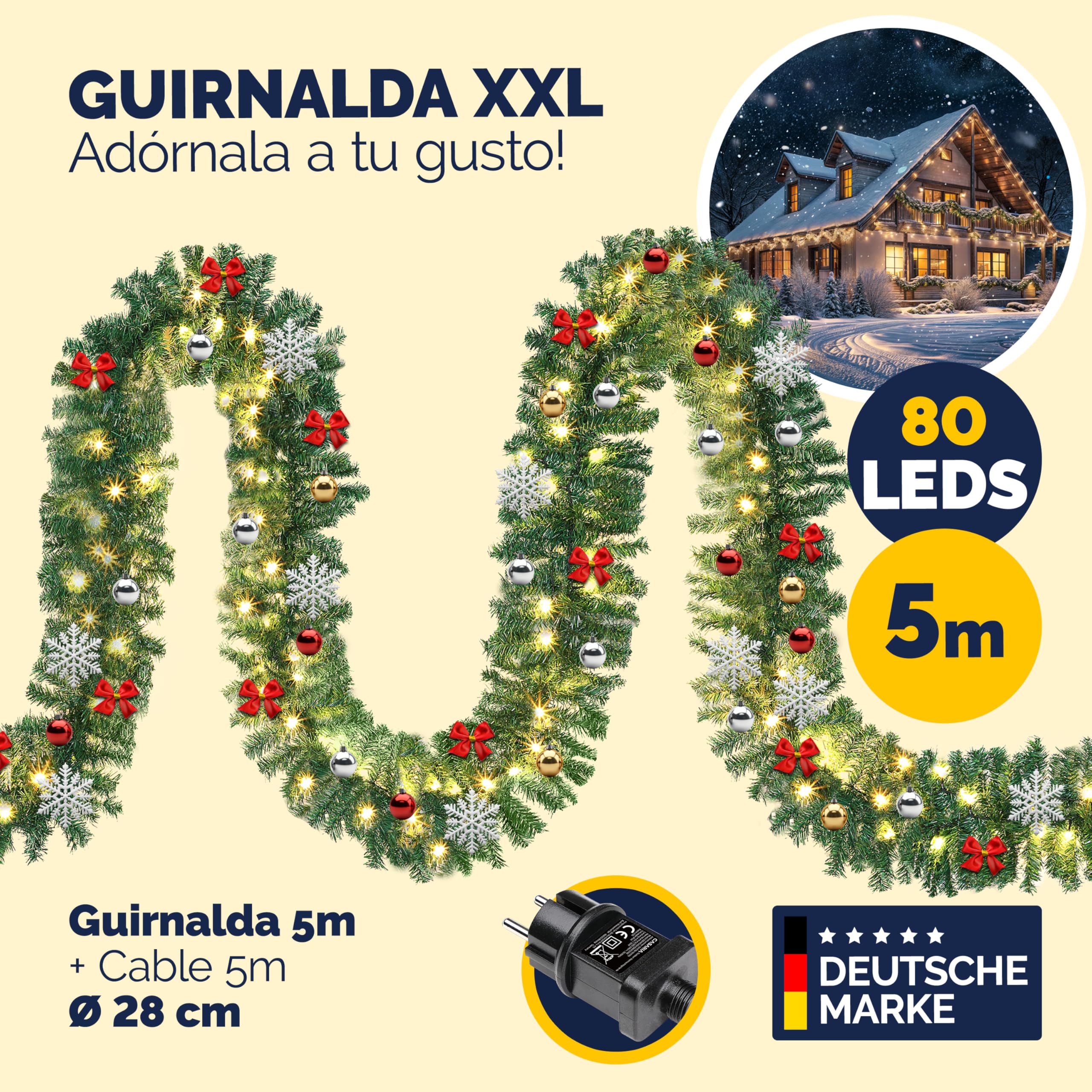 Casaria Guirnalda de Navidad Abeto 5m 80LEDs Blanco Cálido Incl. Mando a Distancia 7 Modos Luz y Decoración Navideña | Mando Distancia, 7 Modos Luz, IP44, Blanco Cálido, incl. Adornos, Resistente Intemperie, Decoración Exterior Interior