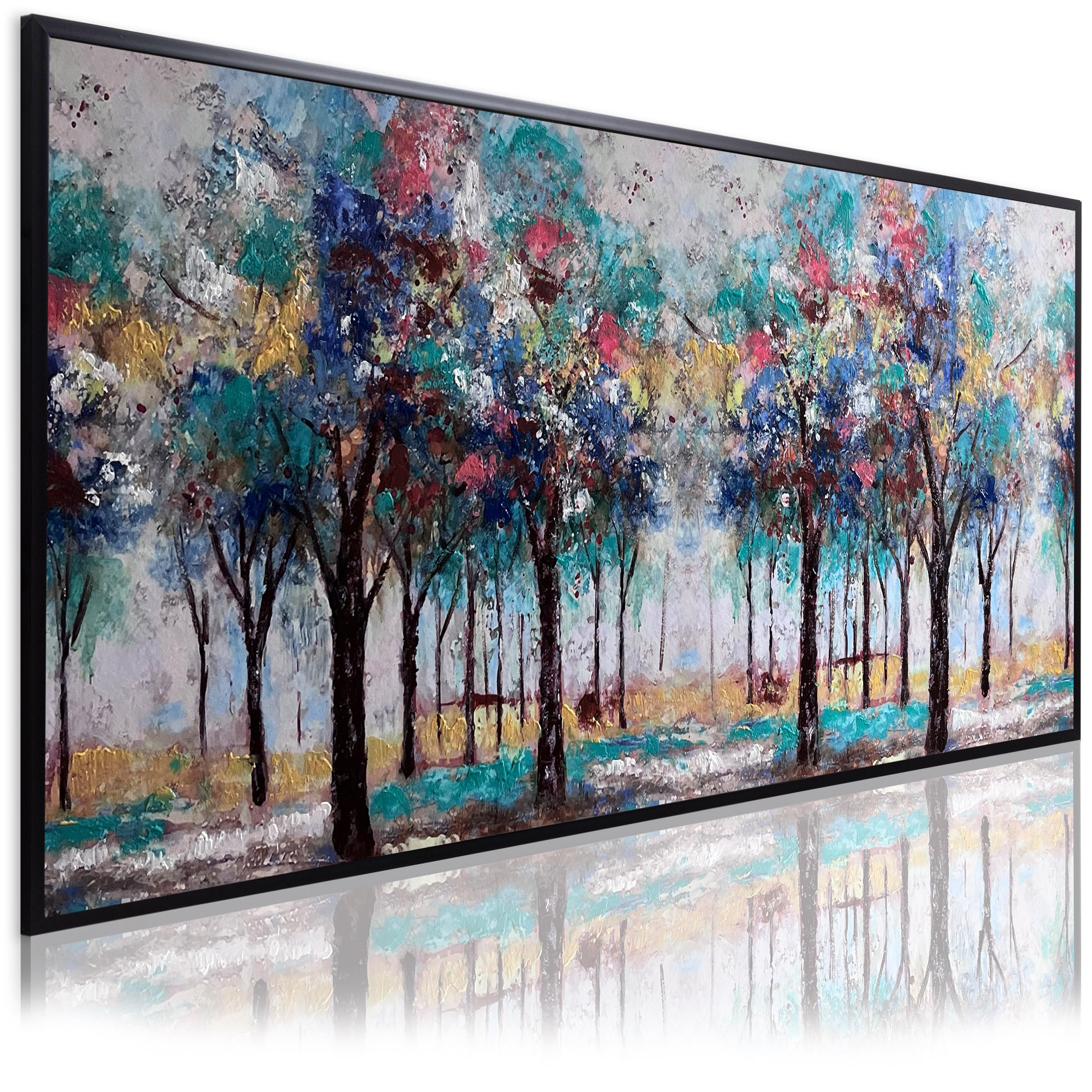 DekoArte - Cuadro Pintado a Mano Naturaleza 140x70 cm BOSQUE PRIMAVERA - Cuadros Modernos al Oleo con Marco Negro