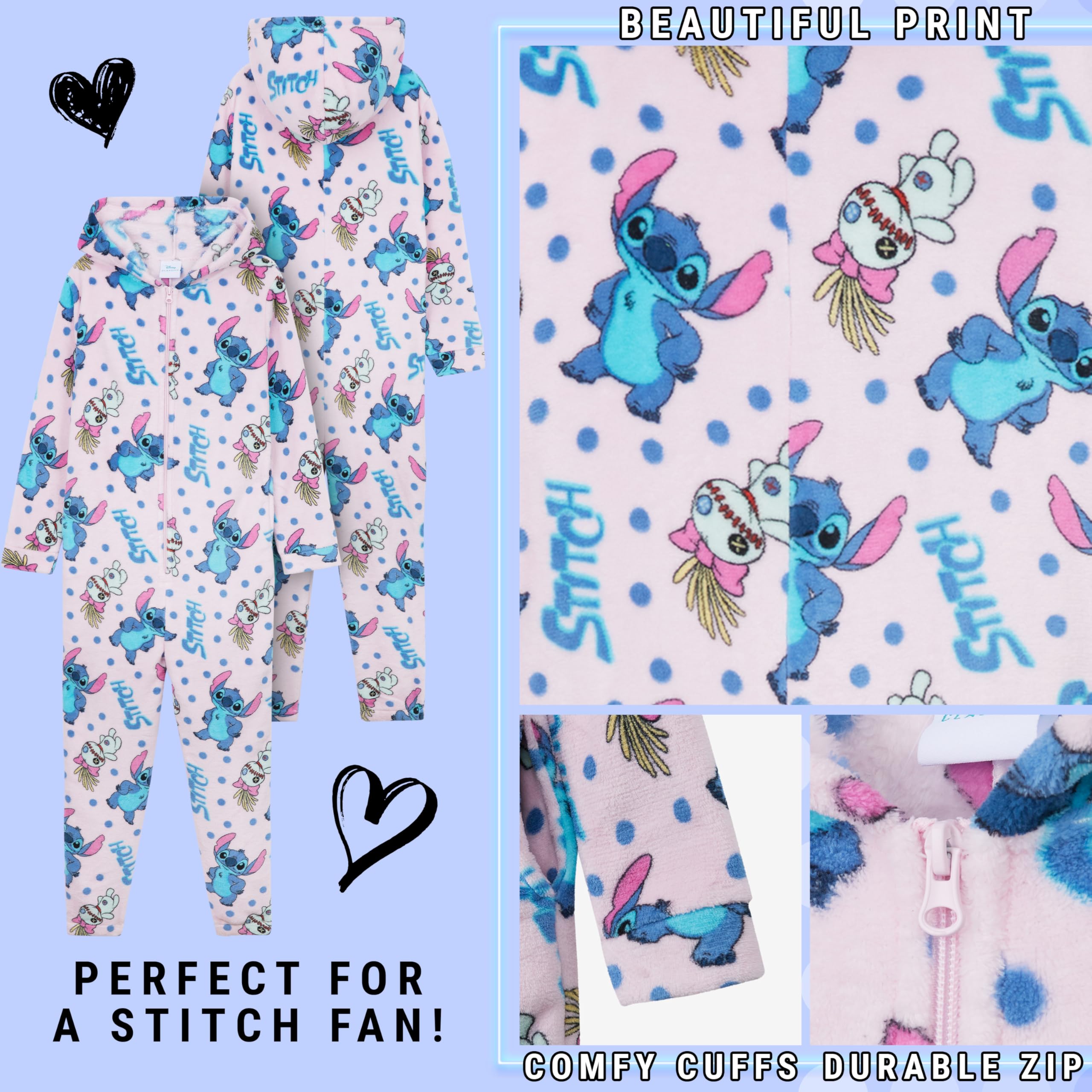 Disney Stitch Girls jednoczęściowa piżama z kapturem polarowy kombinezon do spania