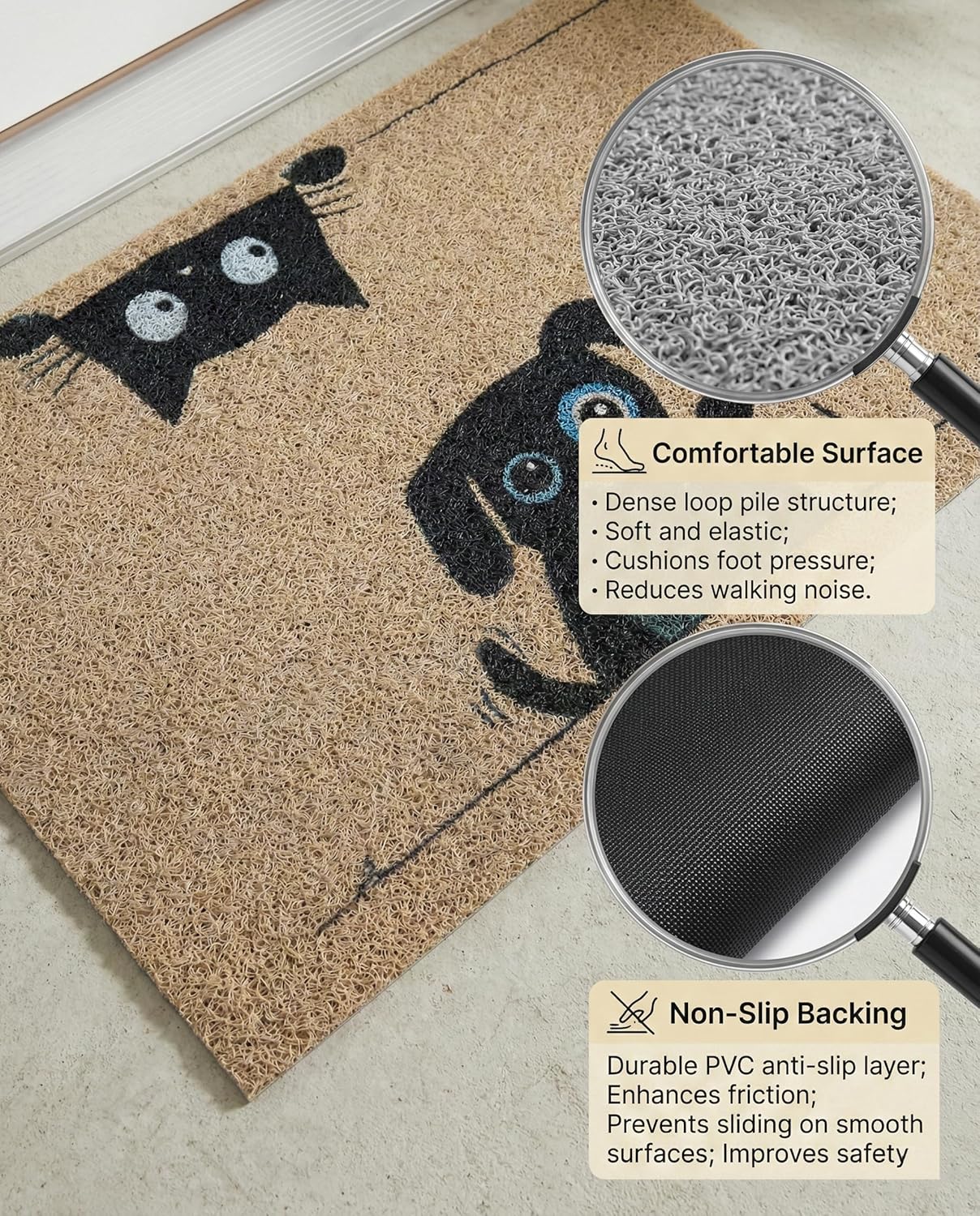 Welcome Mat 20x30 - Cute Dog & Cat Design Non-Slip Waterproof Entrance Doormat
