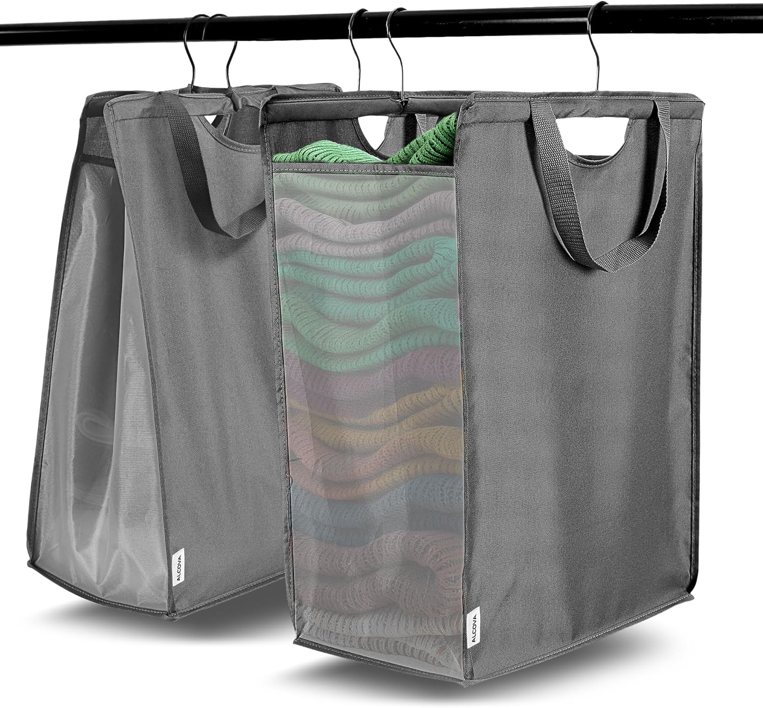 ALCOVA 2 Pack Hanging Laundry Hamper, Space-Saving Mesh Hanging Laundry Bag with Dual Handles & Sturdy Hooks, Portable Hanging Hamper for Family, College Students, Small Closet Solutions