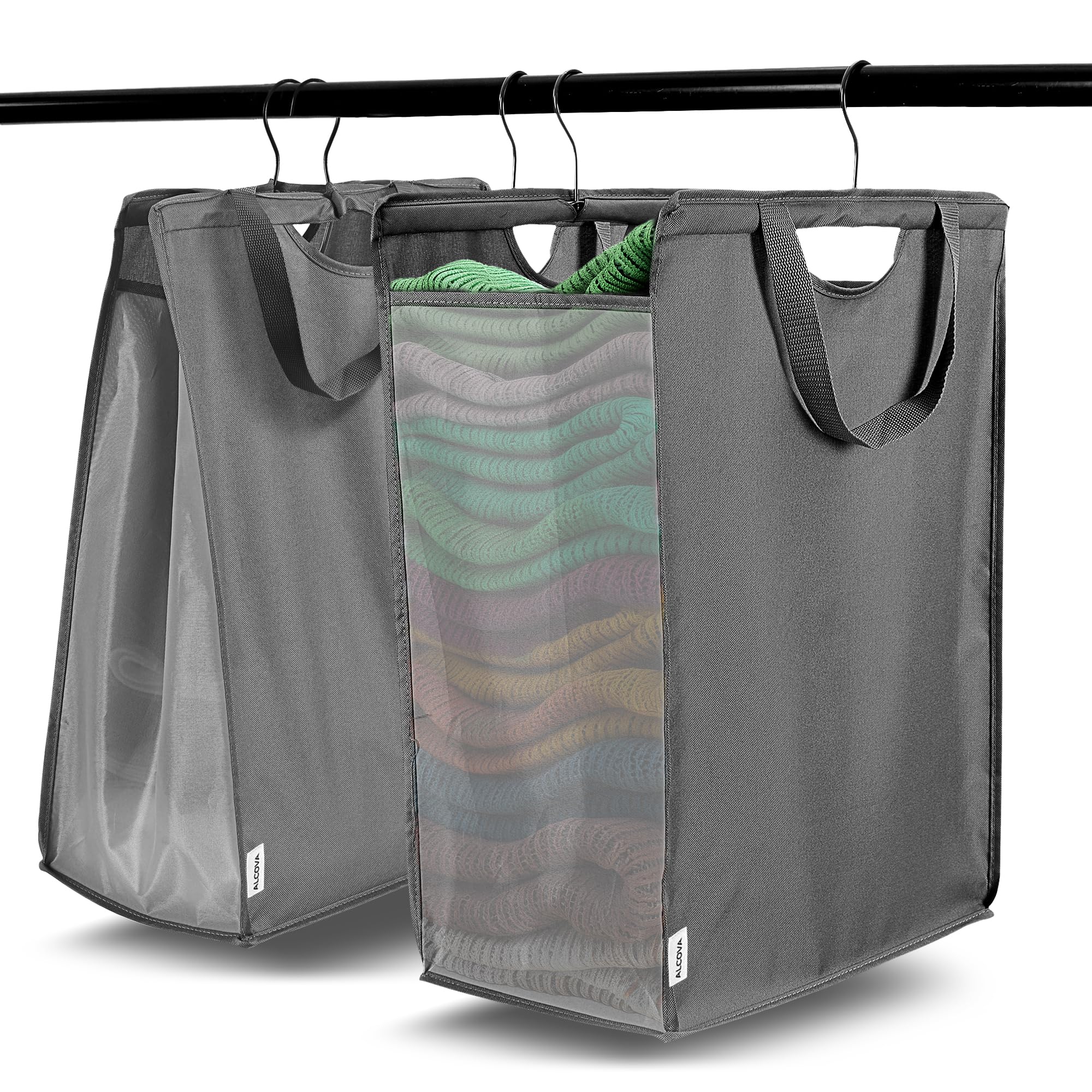 ALCOVA 2 Pack Hanging Laundry Hamper, Space-Saving Mesh Hanging Laundry Bag with Dual Handles & Sturdy Hooks, Portable Hanging Hamper for Family,