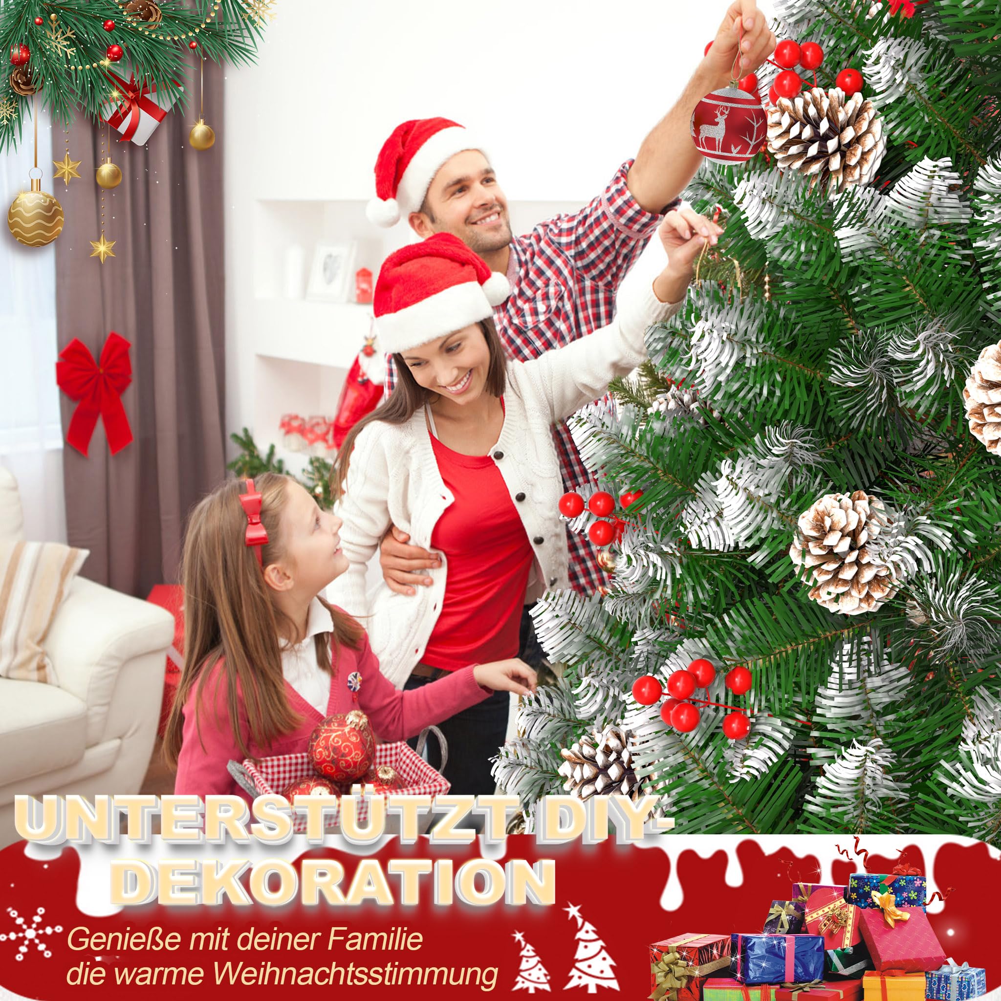 LILIIN Albero di Natale artificiale da 150 cm, effetto neve con pigne e bacche rosse, in PVC, con supporto, Ø 95 cm, albero di Natale infiammabile, per decorazioni natalizie