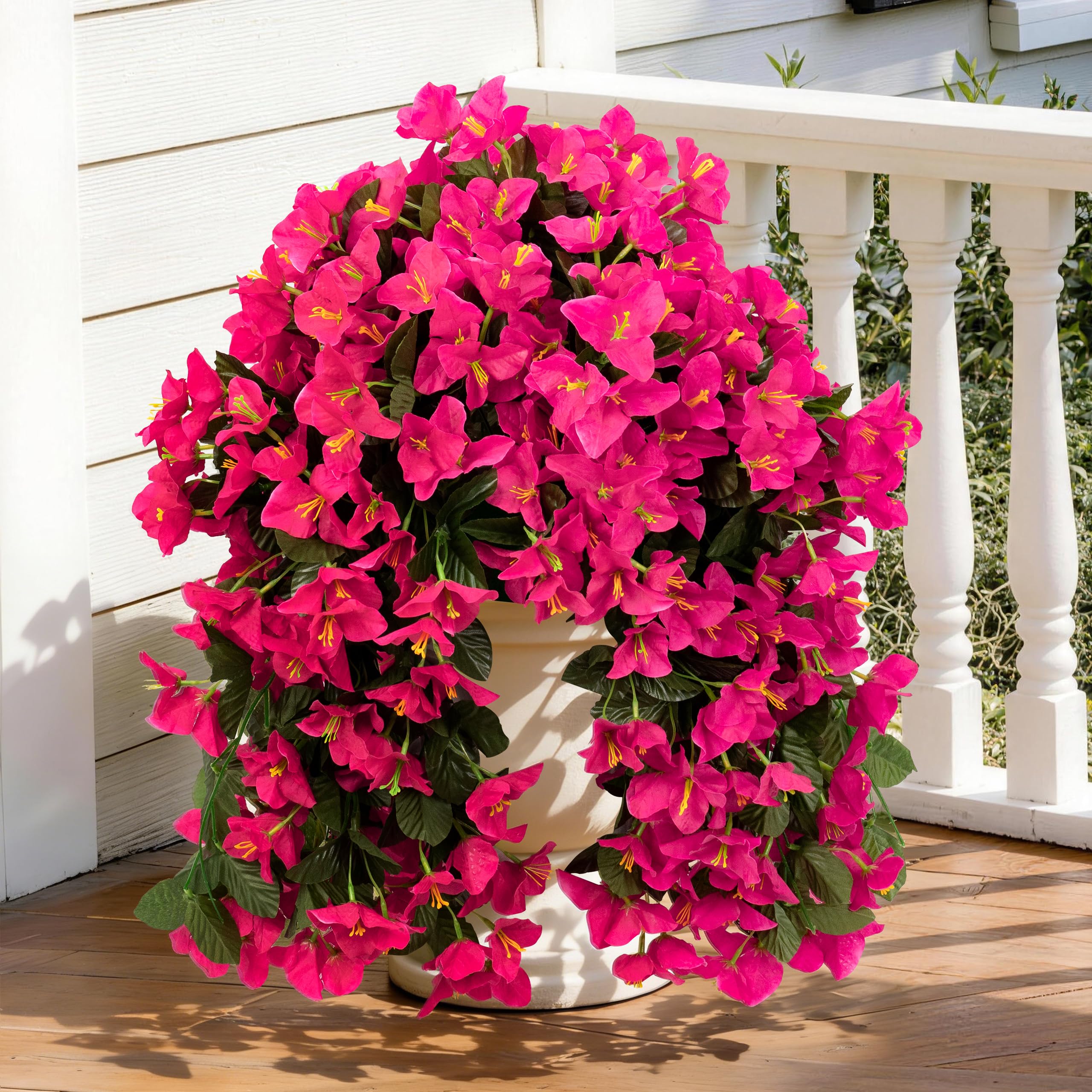 Photo 1 of Artificial Bougainvillea Hanging Flowers Plants - 2 PCS faux Bougainvillea artificial flowers with Long Trailing Vines for Outdoor Decoration, Perfect for Porch, Garden, Urn Patio Balcony (Rose Red)