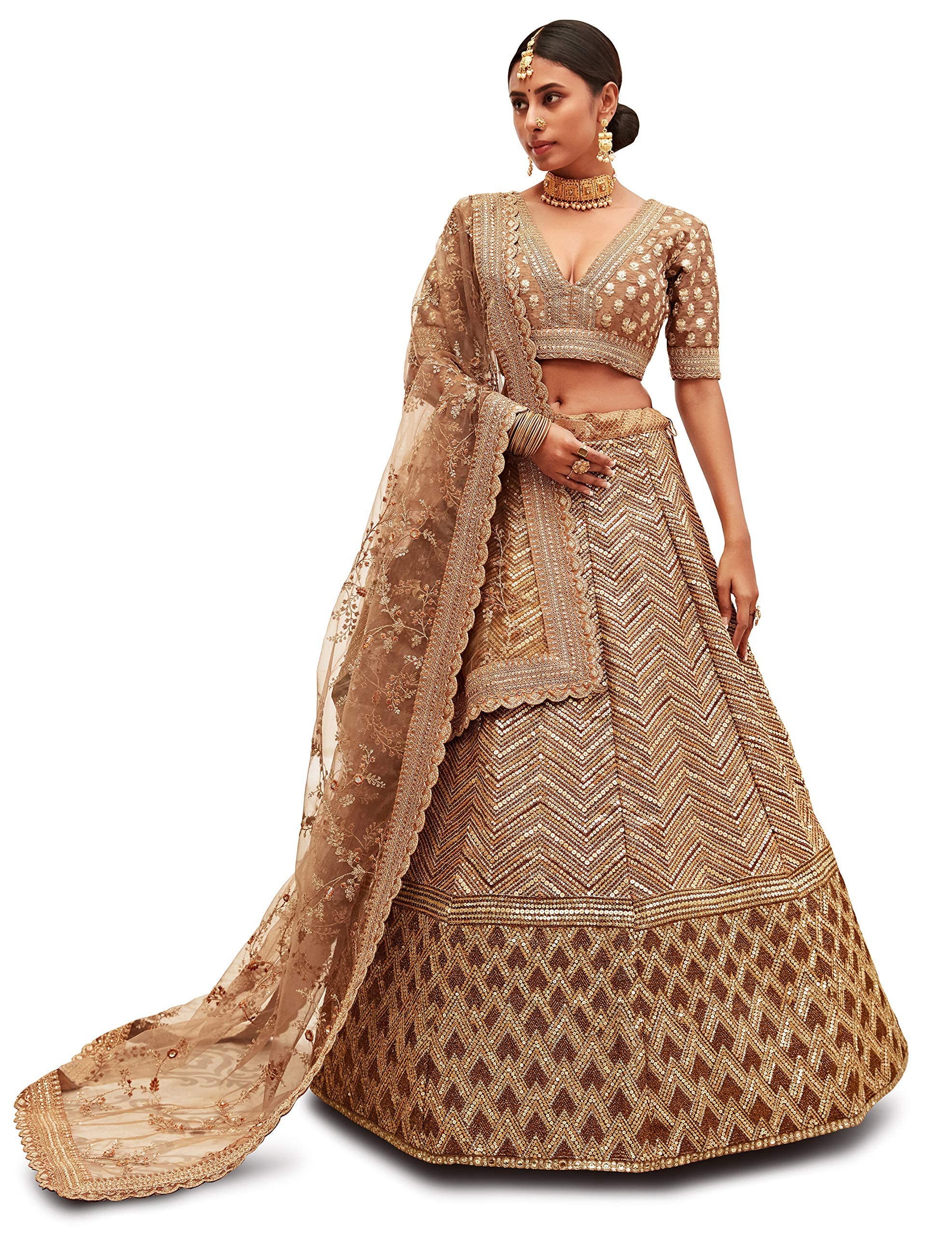 Women's Golden Zari and Sequins Work Art Silk Semi-Stitched Lehenga Choli (7709-Wedding-Bridal-Wedding-Lehenga; Gold)-image-19