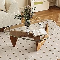 Vista 4 de Mesa de centro para sala de estar, mesa central moderna de mediados de siglo con tapa de vidrio y madera, transparente/nogal