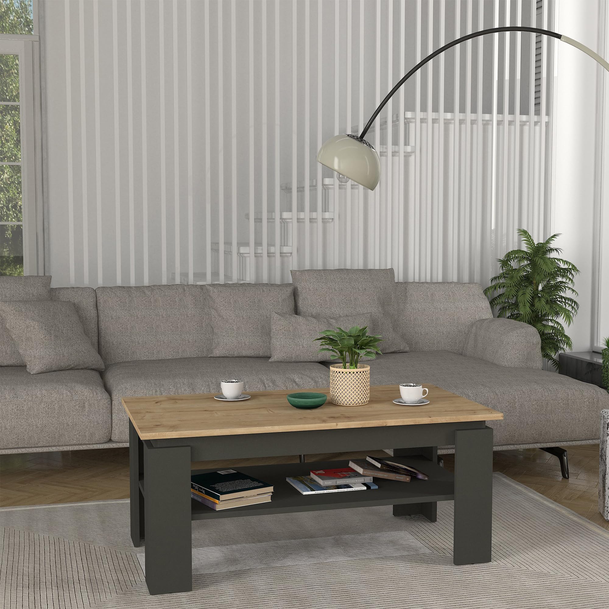 [en.casa] Mesa de Centro Krirdfjos Rectangular Mesa Baja con Estante para Salón Mueble Auxiliar Estructura Estable 110 x 60 x 47 cm - Antracita/Roble Zafiro