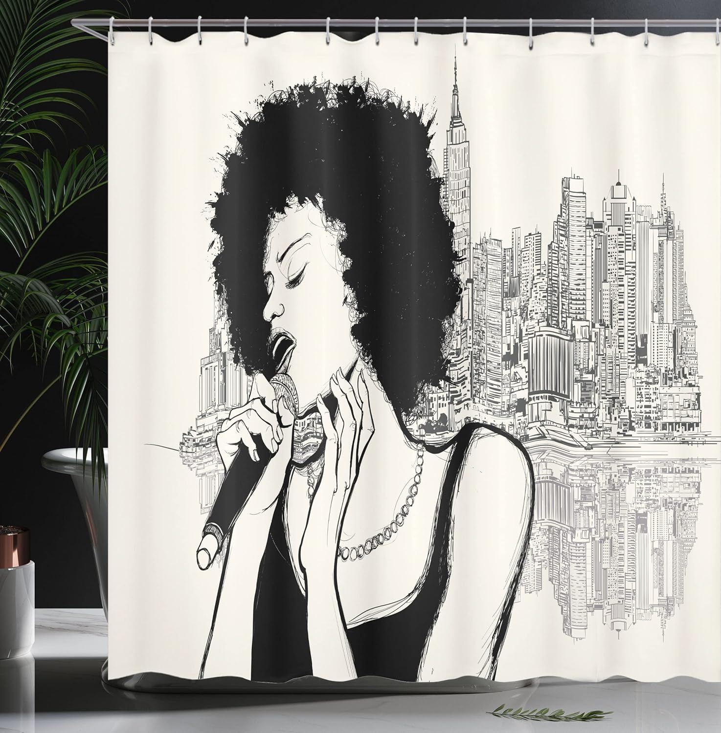 Ambesonne African Shower Curtain, Jazz Musician Lady Performing in Front of New York Manhattan Illustration, Cloth Fabric Bathroom Decor Set with Hooks, 69" W x 70" L, Black Grey and Ivory