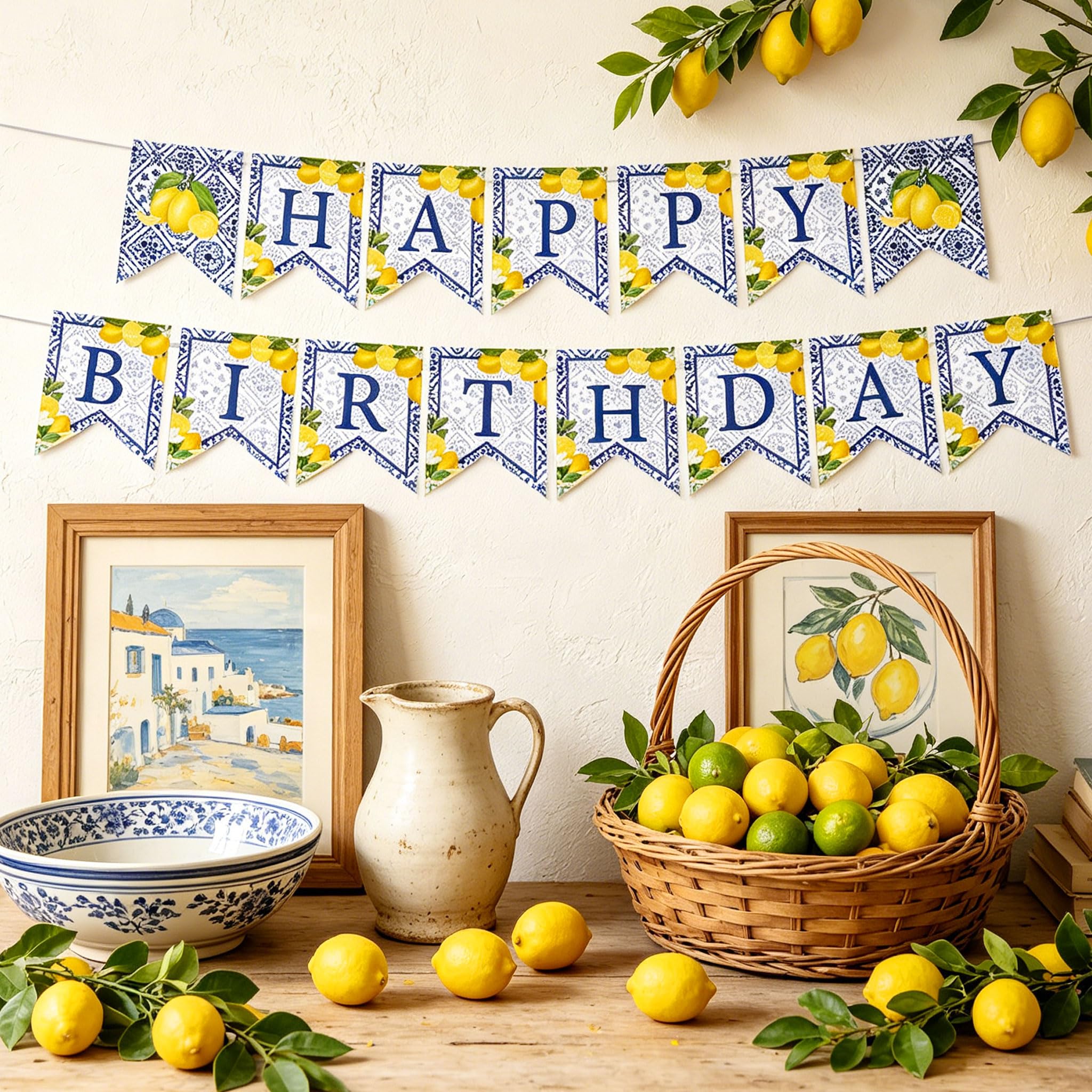 Italian Blue Tile Birthday Banner Capri Lemon Birthday Party Decorations