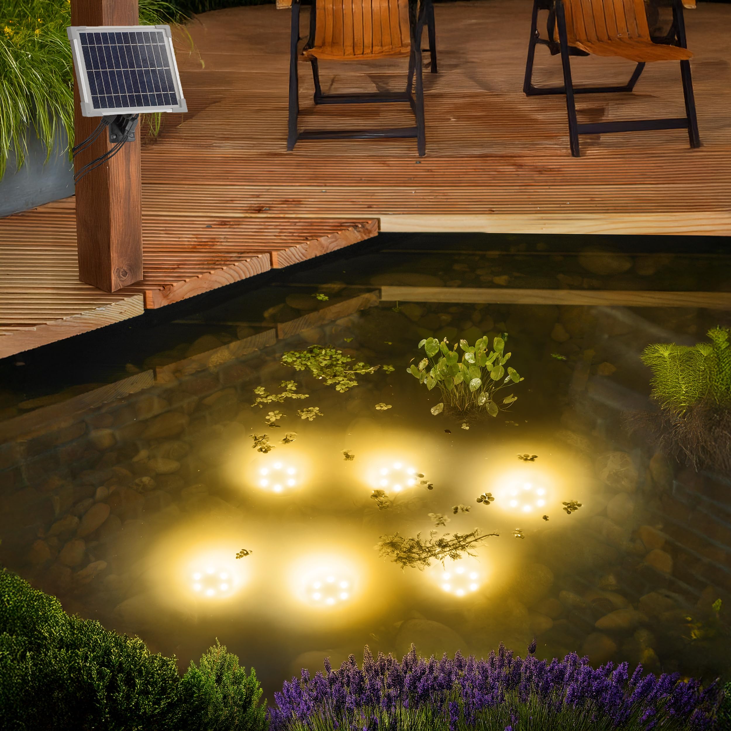 Esotec Solar Über- und Unterwasserstrahler, 6 Spots warmweiß, Teichbeleuchtung, Solarmodul, Akku, 3m Anschlussleitung, 3000K, IP68 101403
