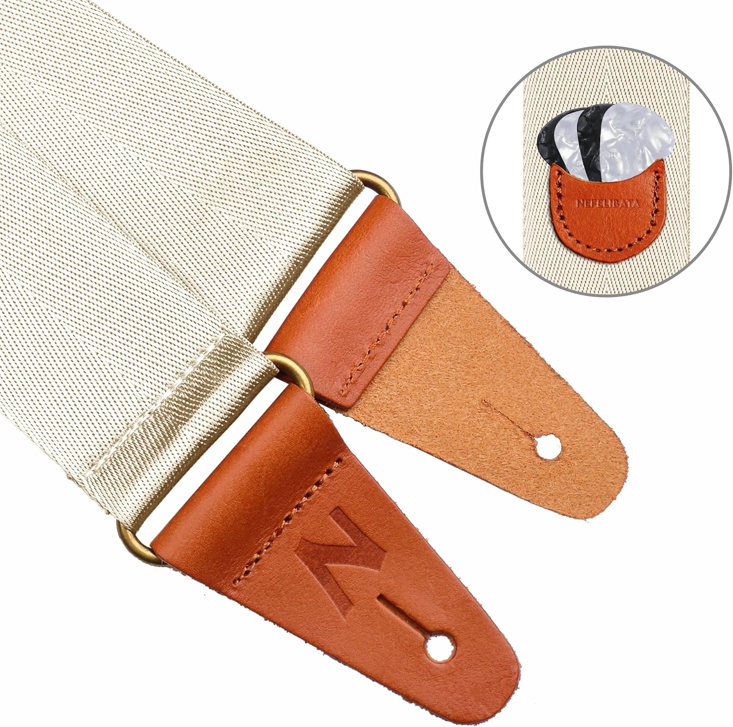 Guitar Strap with Pick Pocket, Vintage Nylon Full Grain Leather Ends Guitar Straps for Bass, Electric & Acoustic Guitar, Come with Free Strap Button, 1 Pair Strap Locks and 4 Guitar Picks (Beige) : Musical Instruments
