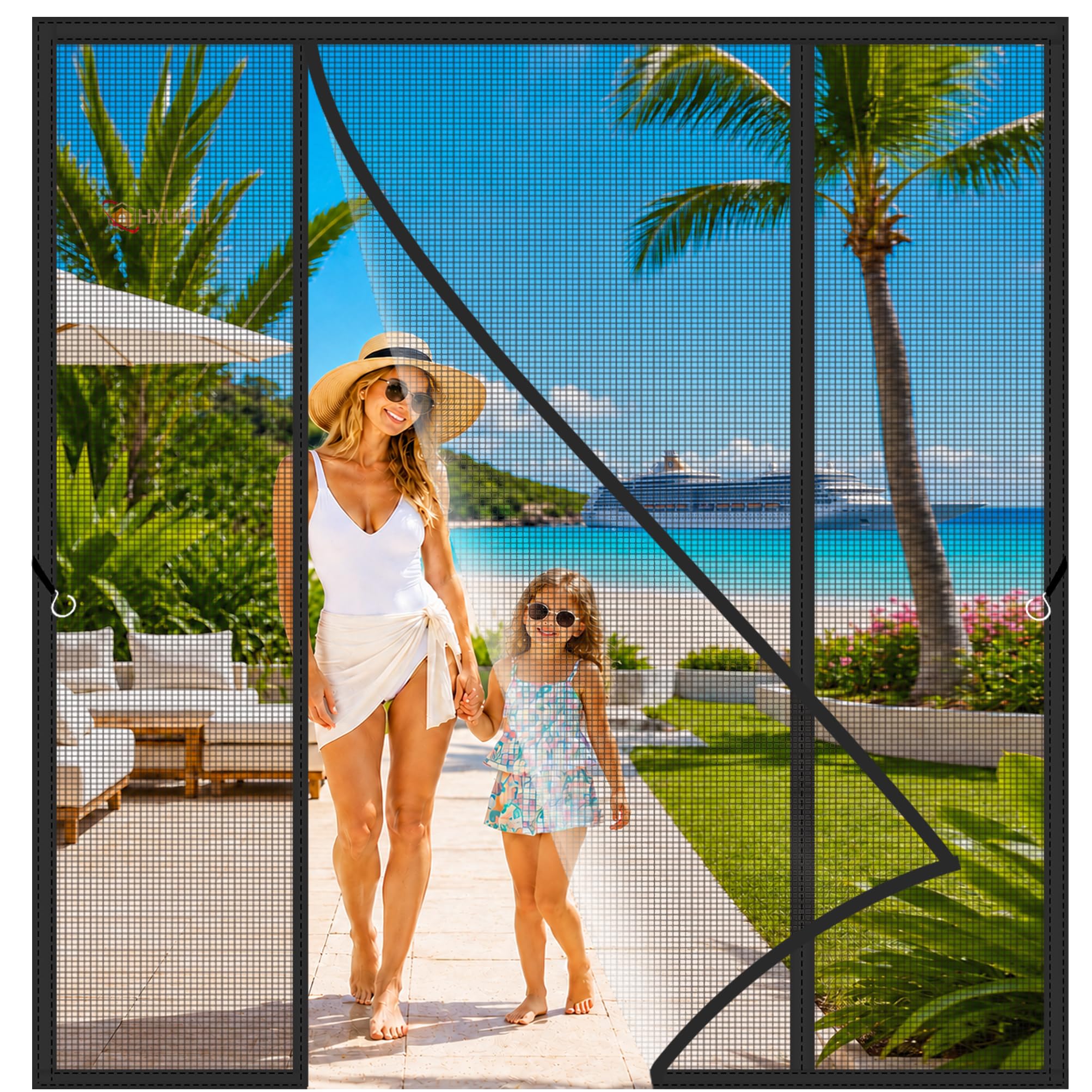 Hxuhui Black Double Screen Doors 300X210cm Easy Installation With No Drilling Or Tools Required For Double Doors In Conservatories And Orangeries