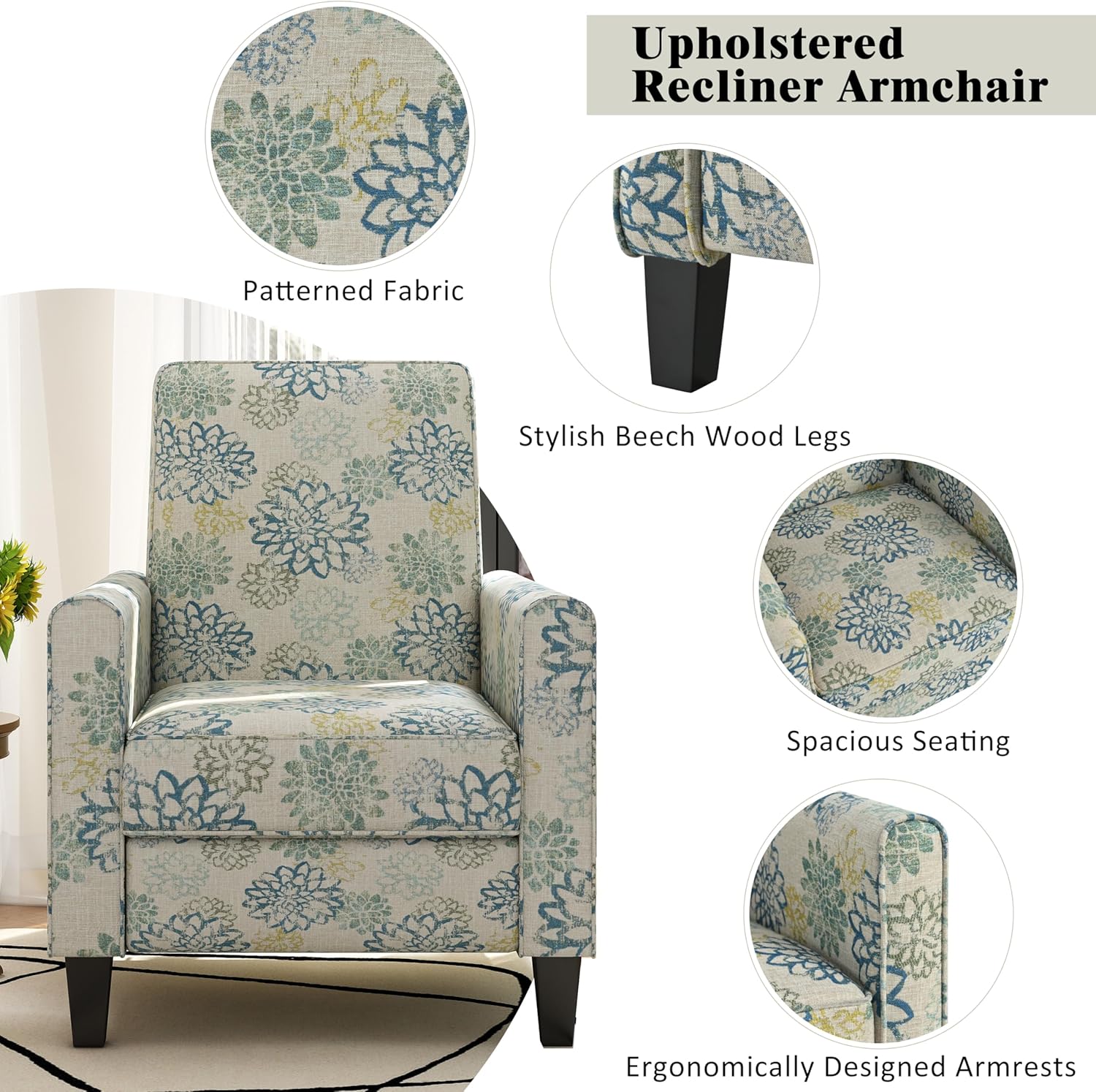 Christopher Knight Home Kenley Modern Fabric Upholstered Push Back Recliner Chair, Wooden Gliding Home Theater Seating, Comfy Reading Chair, Deep Seating Single Sofa Accent Chair, Mixed Blue